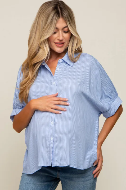 Blue Striped Button Front Collared Short Sleeve Maternity Top sold by Pinkblush