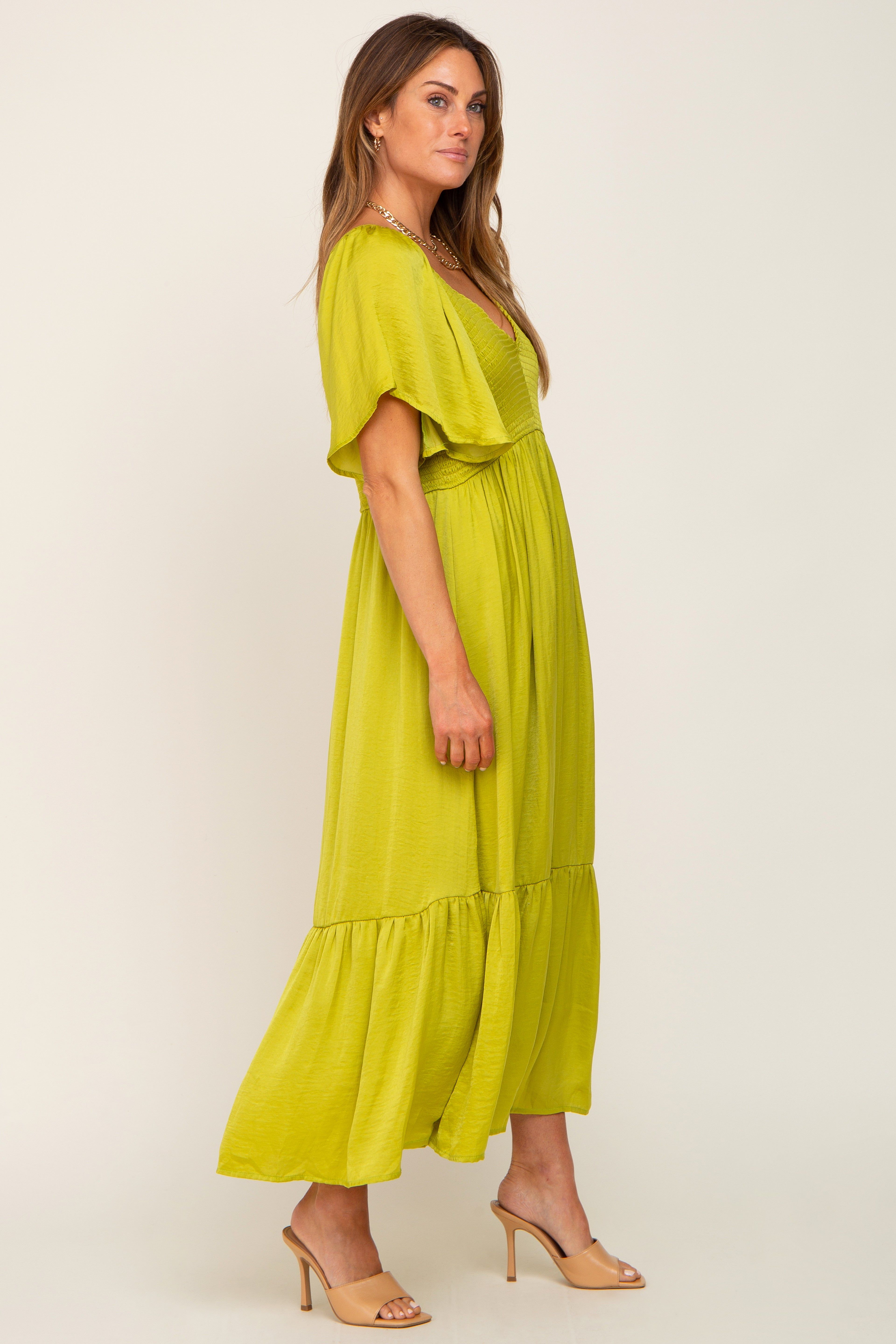Green Satin Smocked Midi Dress sold by Pinkblush product image thumbnail 2