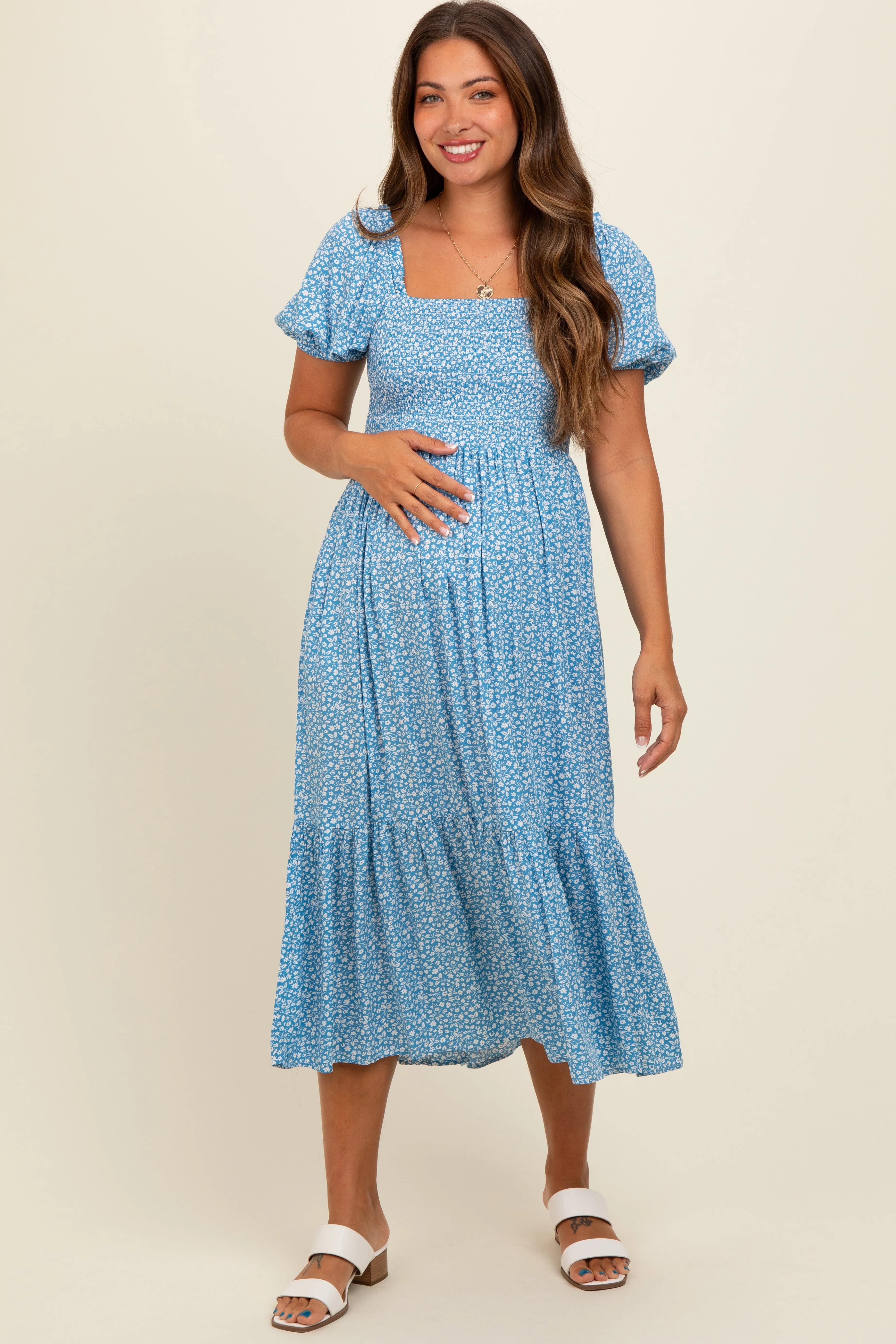 Blue Floral Smocked Ruffle Hem Maternity Midi Dress sold by Pinkblush