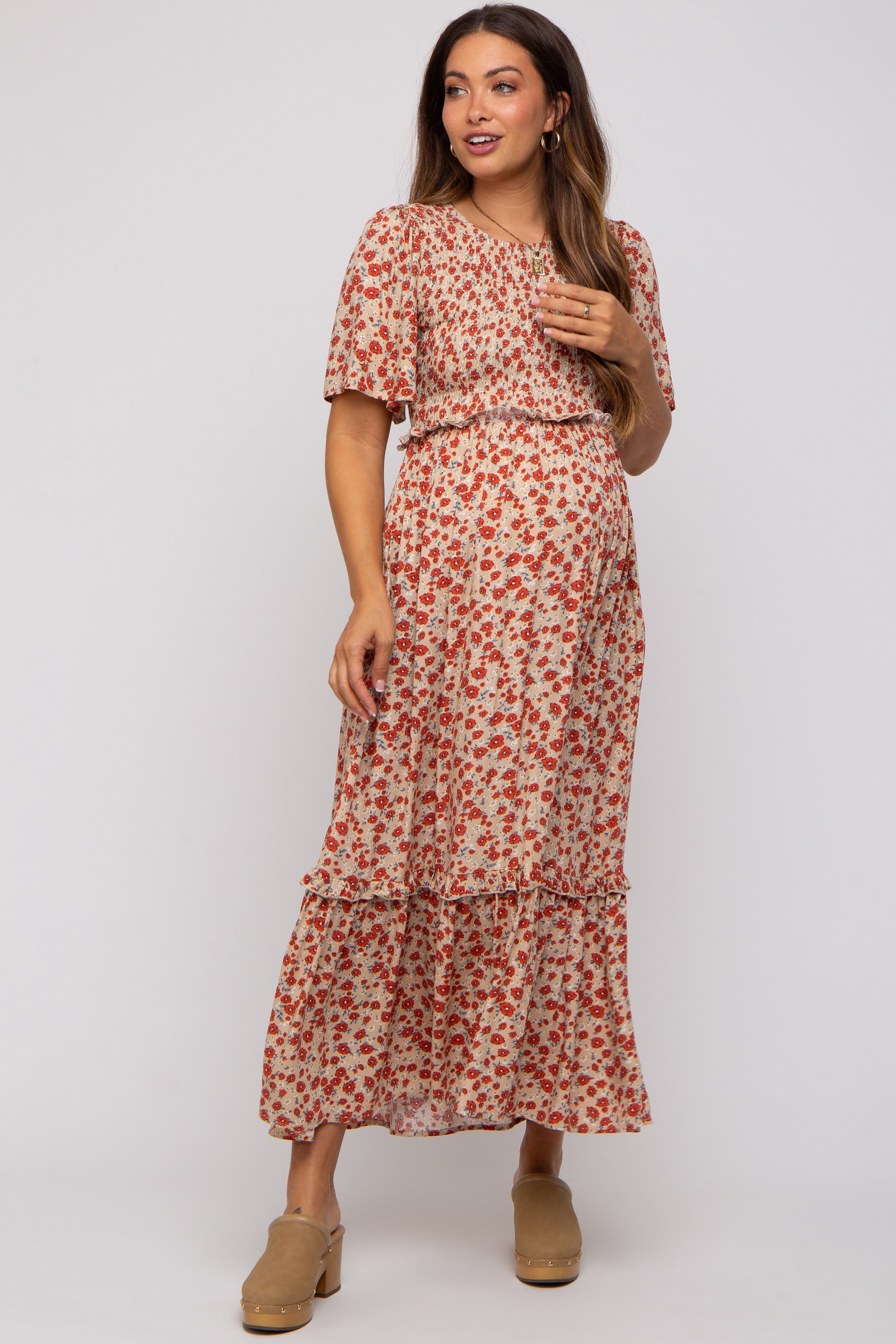 Beige Floral Smocked Flutter Short Sleeve Maternity Midi Dress sold by Pinkblush product image thumbnail 4