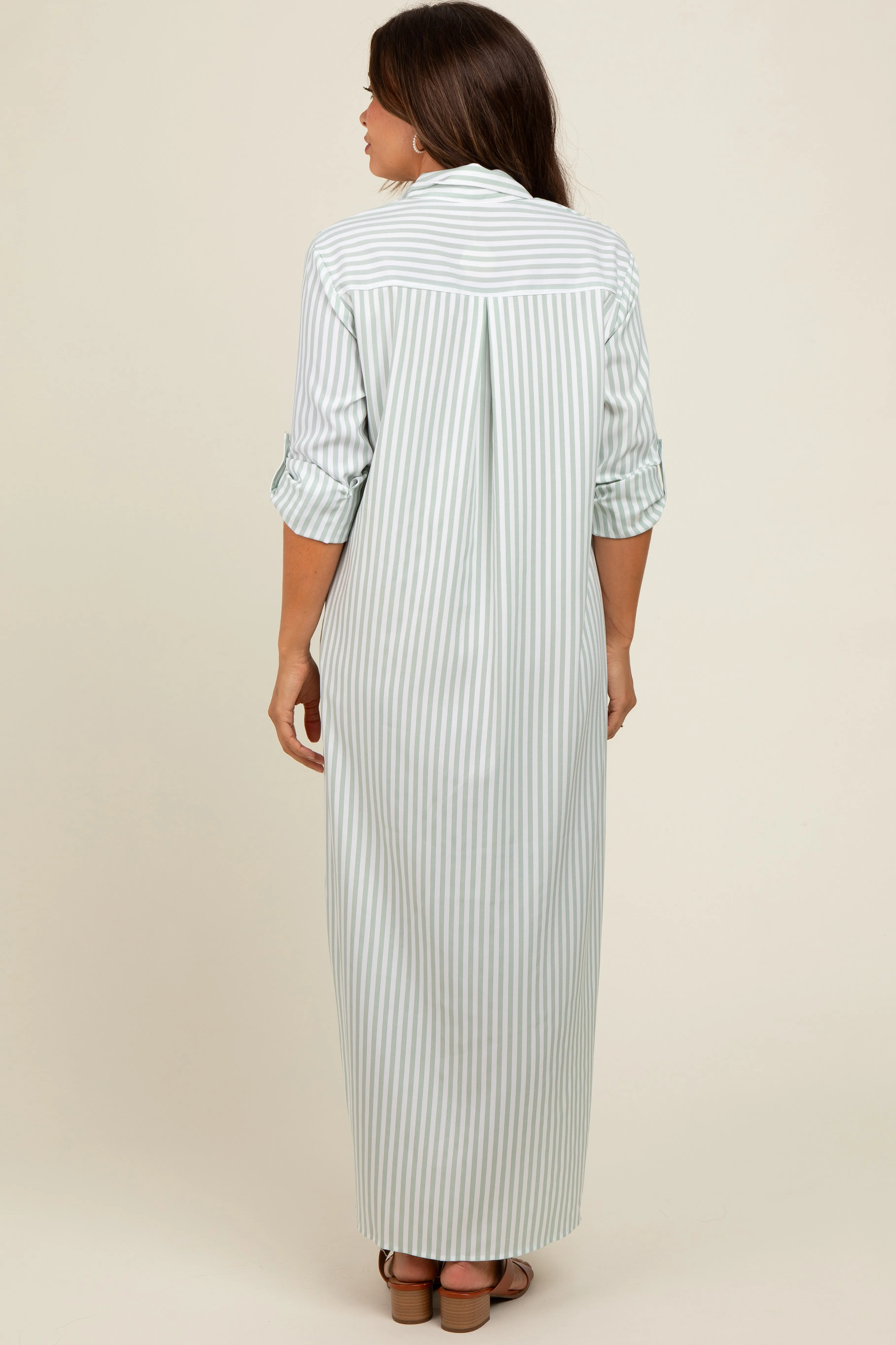 Light Olive Striped Button Down Maternity Maxi Dress sold by Pinkblush product image thumbnail 3