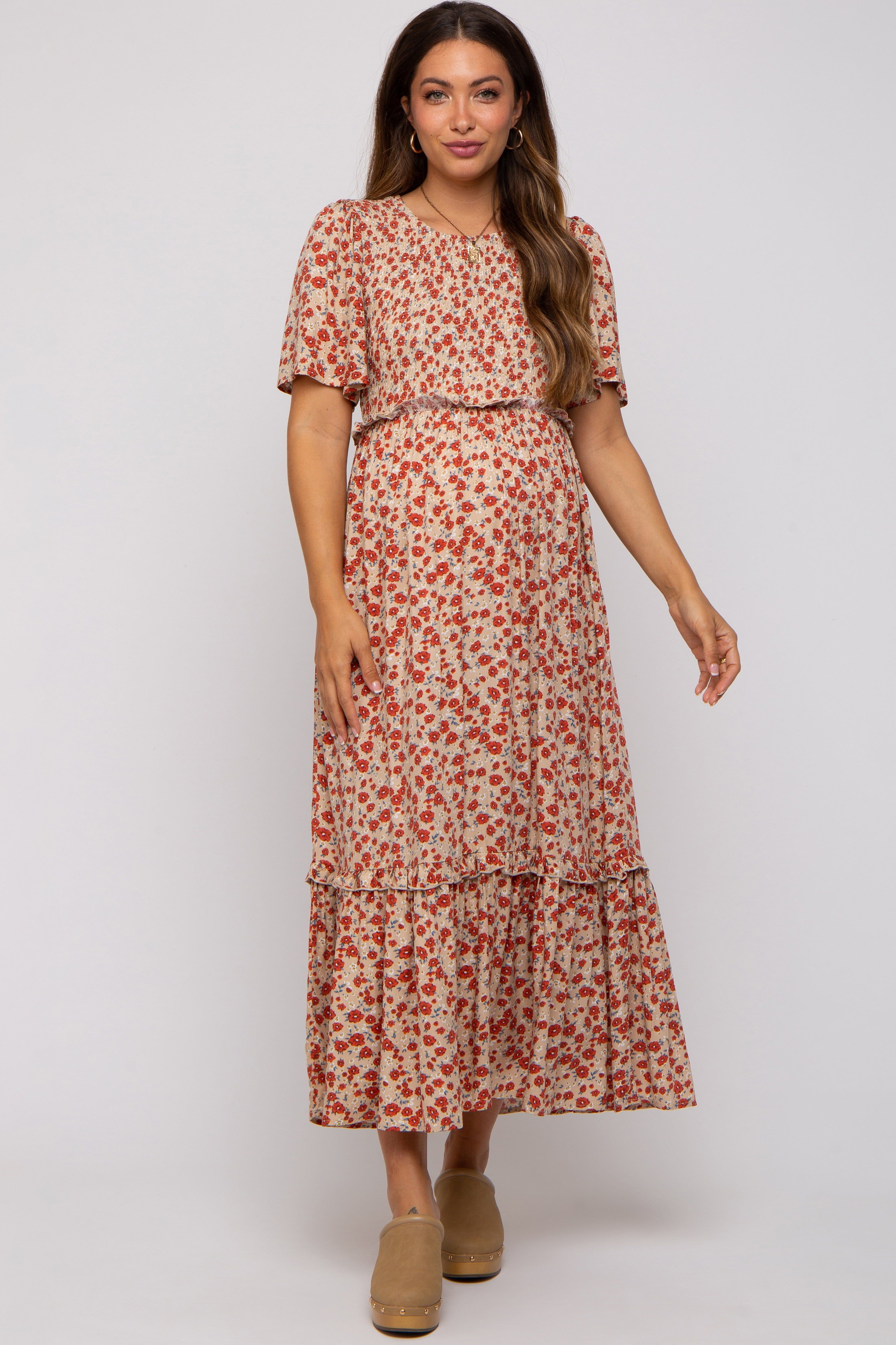 Beige Floral Smocked Flutter Short Sleeve Maternity Midi Dress sold by Pinkblush