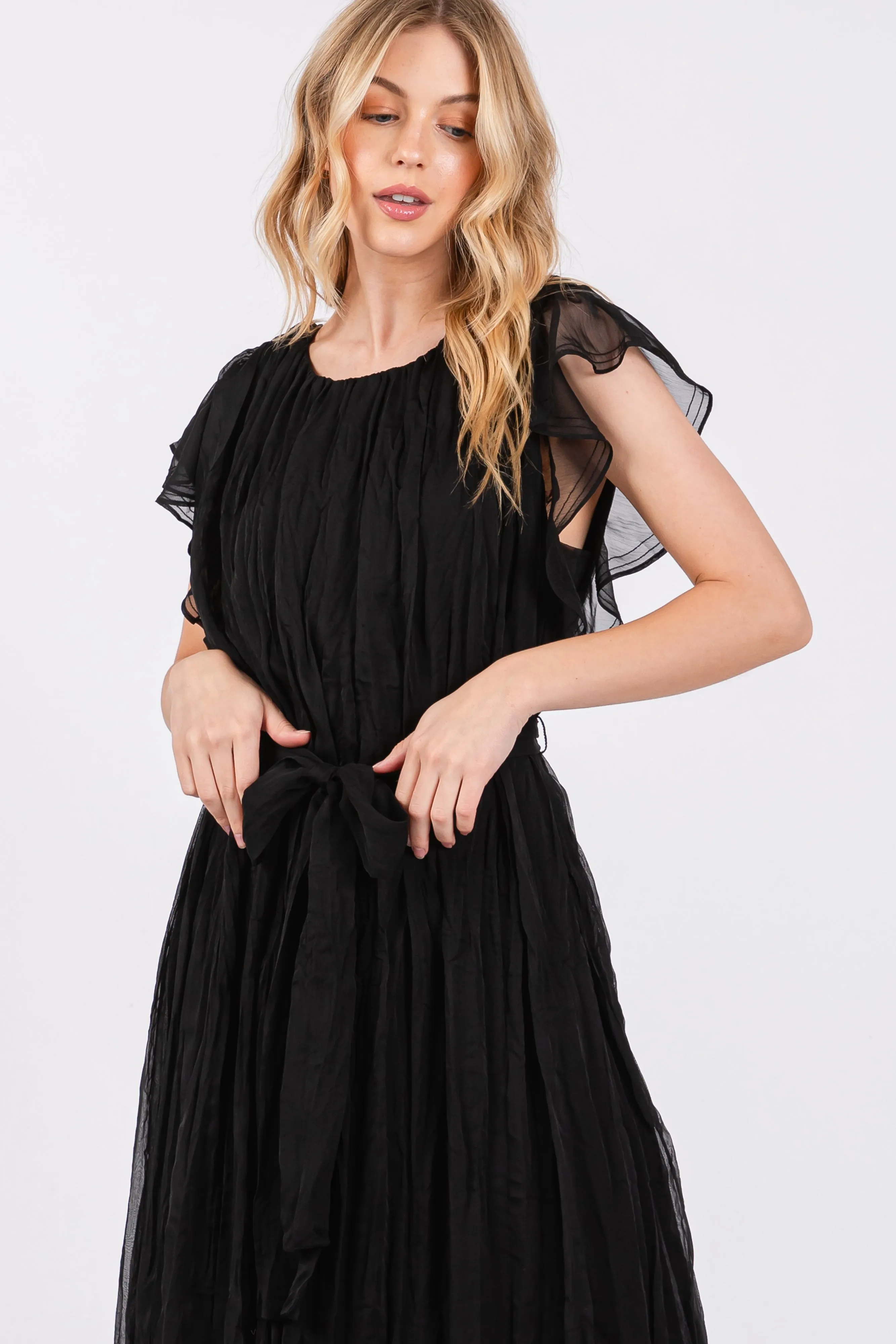 Black Short Sleeve Crinkle Self Tie Dress sold by Pinkblush product image thumbnail 4