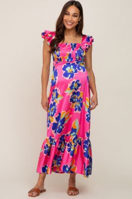 Fuchsia Floral Pleated Flounce Sleeve Maternity Maxi Dress sold by Pinkblush
