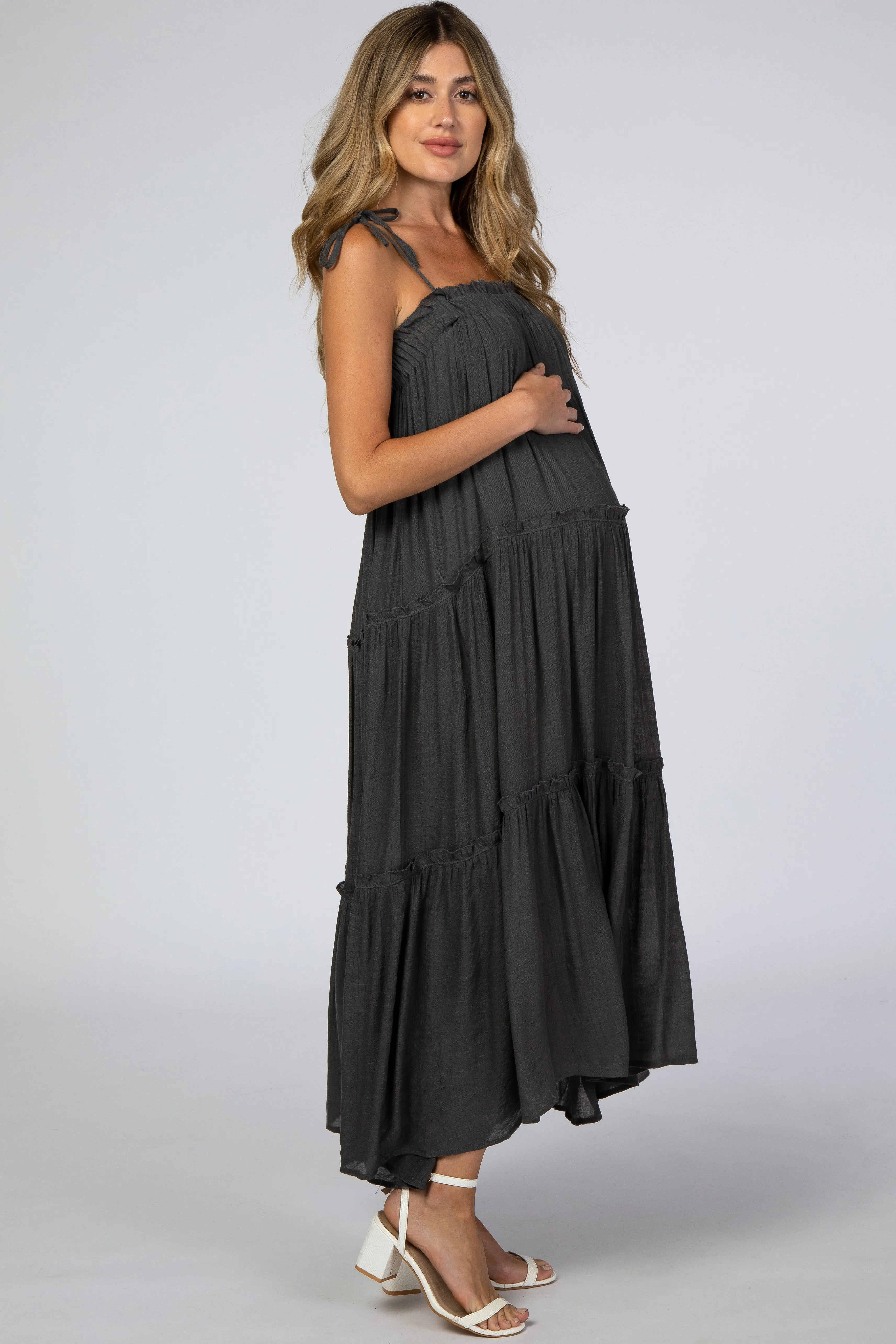 Charcoal Tie Strap Ruffle Maternity Maxi Dress sold by Pinkblush product image thumbnail 2