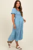 Blue Floral Smocked Ruffle Hem Maternity Midi Dress sold by Pinkblush