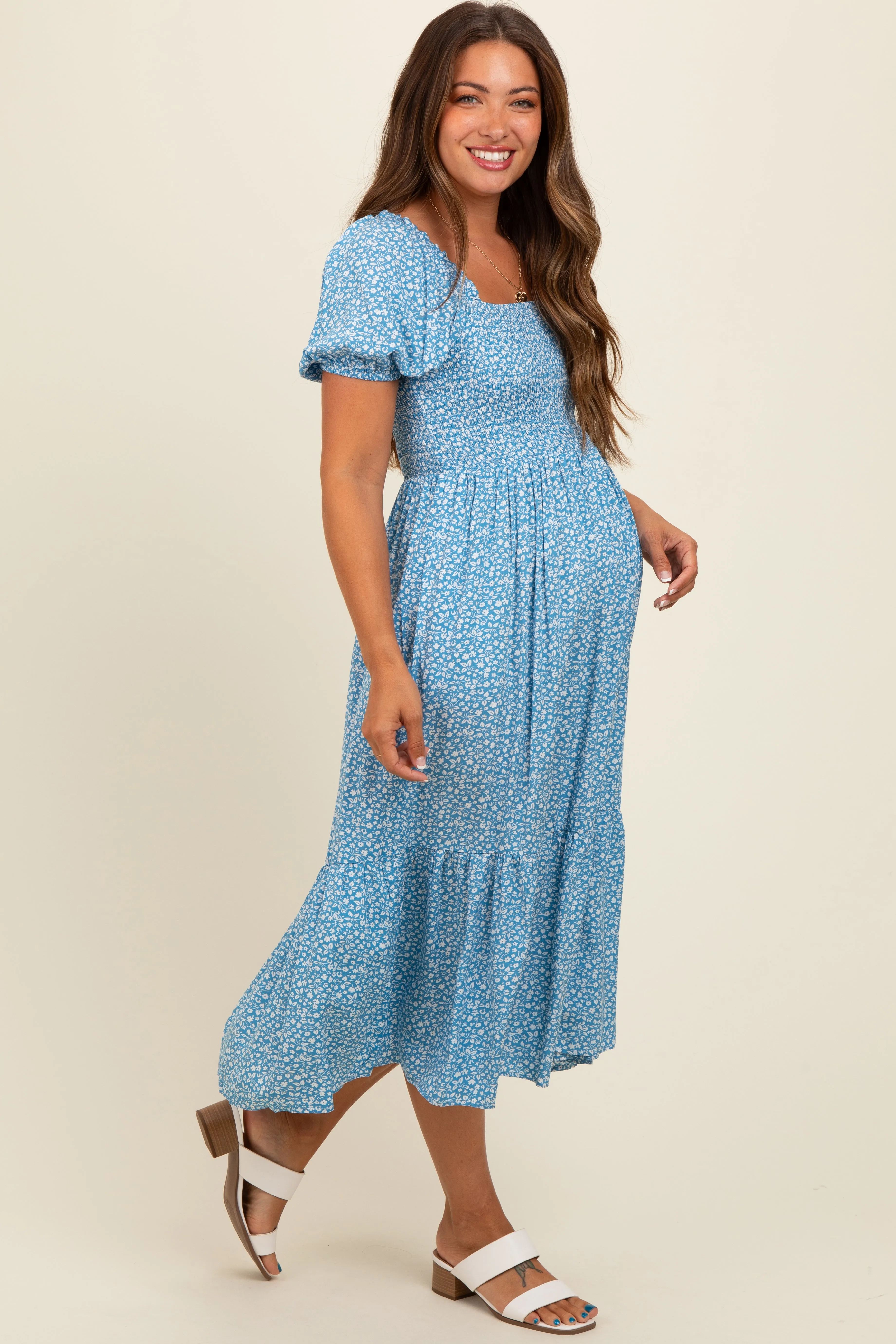 Blue Floral Smocked Ruffle Hem Maternity Midi Dress sold by Pinkblush product image thumbnail 2