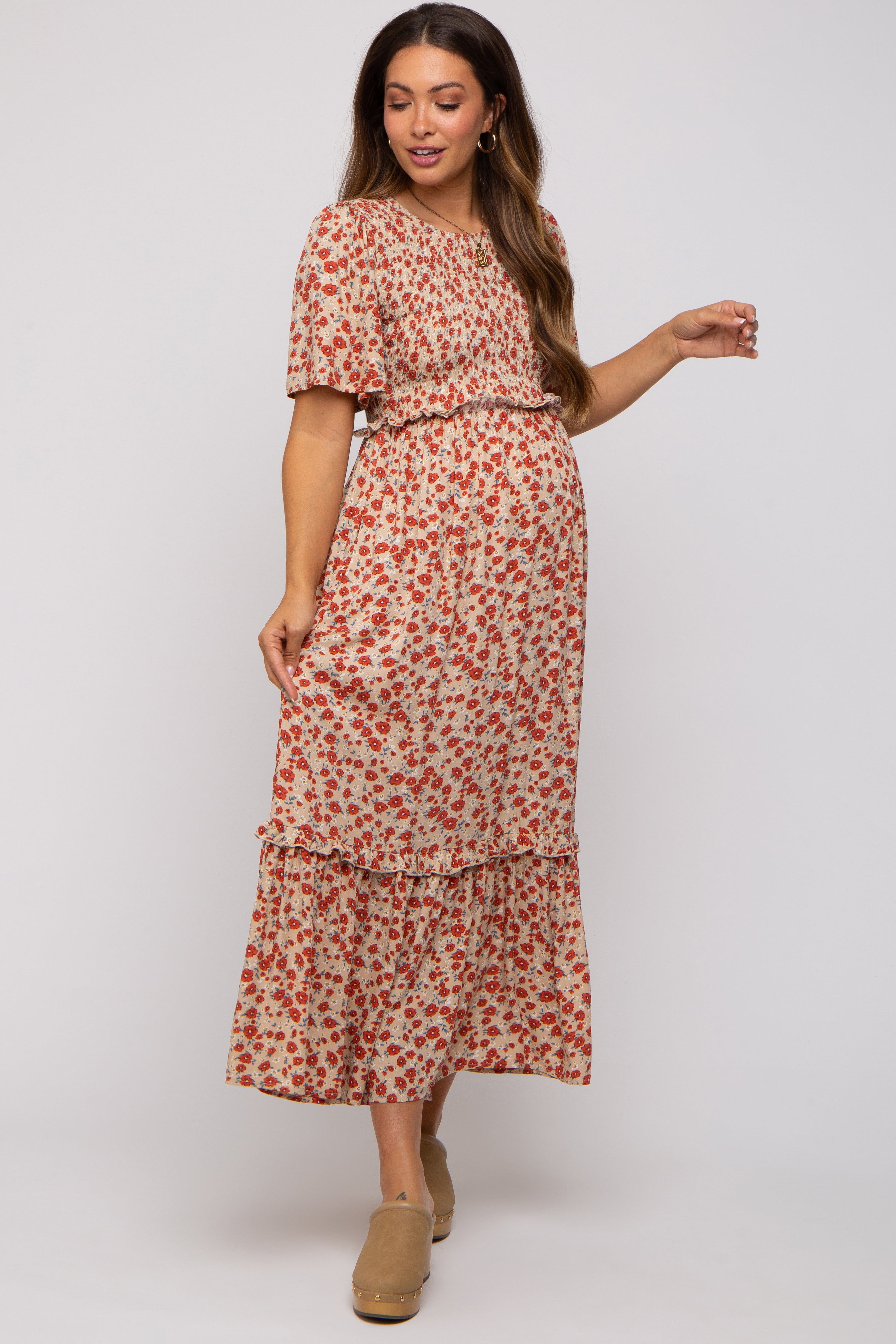 Beige Floral Smocked Flutter Short Sleeve Maternity Midi Dress sold by Pinkblush product image thumbnail 5