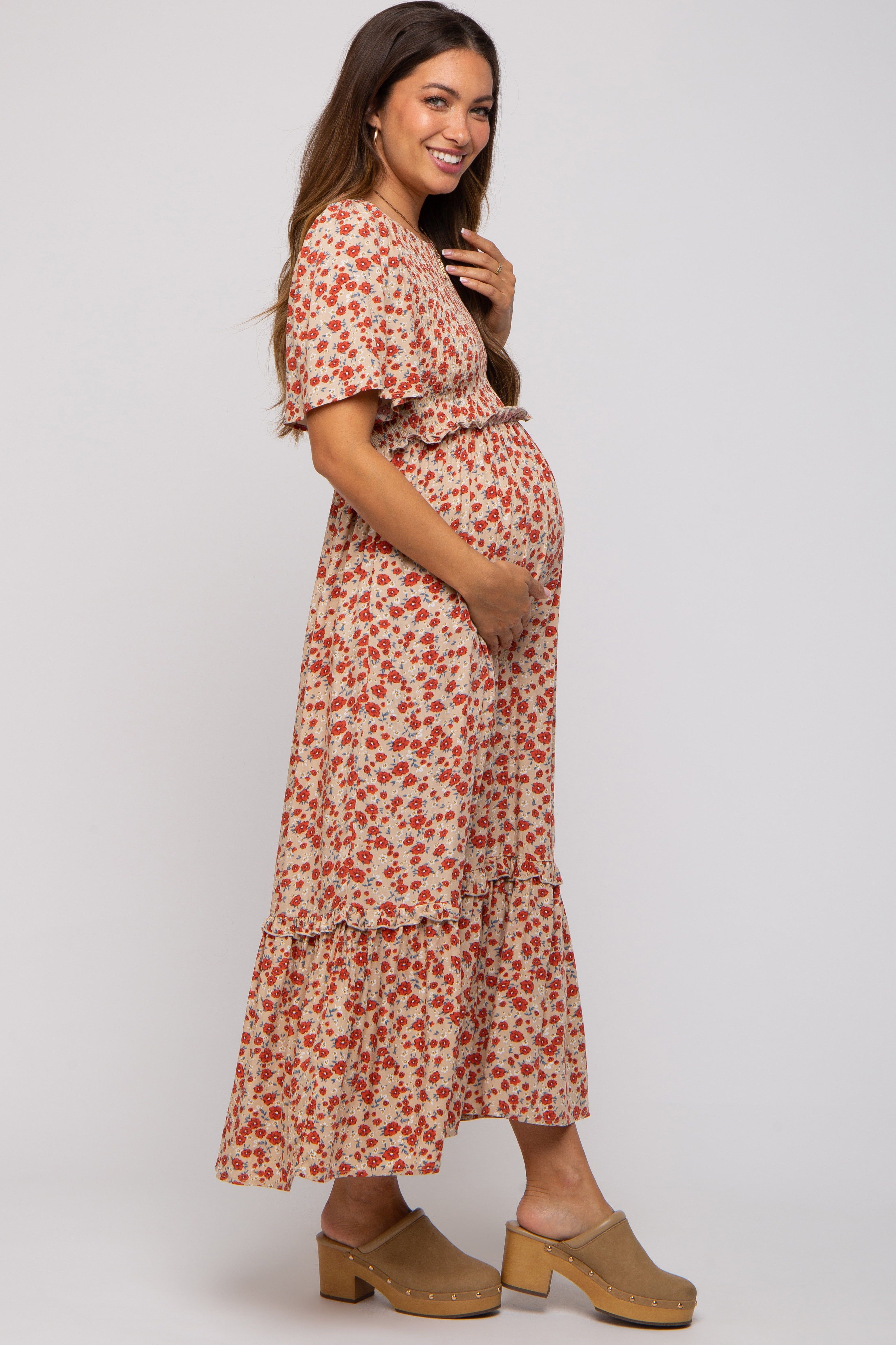 Beige Floral Smocked Flutter Short Sleeve Maternity Midi Dress sold by Pinkblush product image thumbnail 2