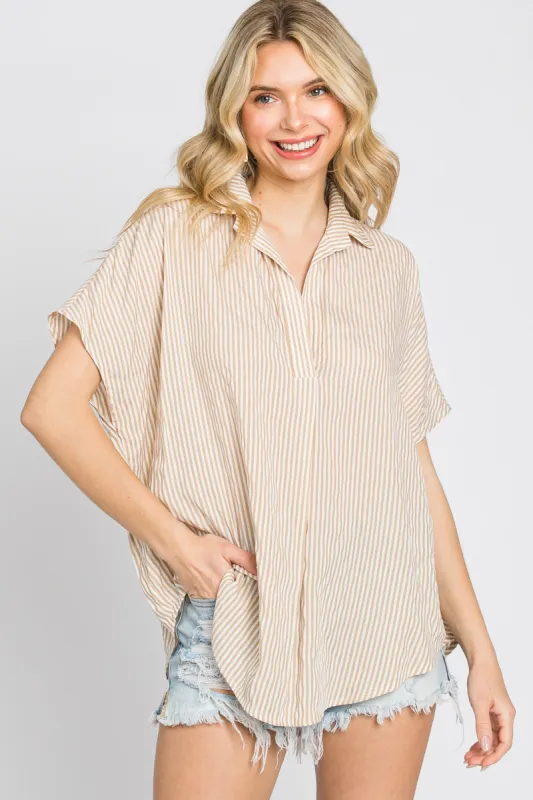 Beige Collared Short Sleeve Top sold by Pinkblush