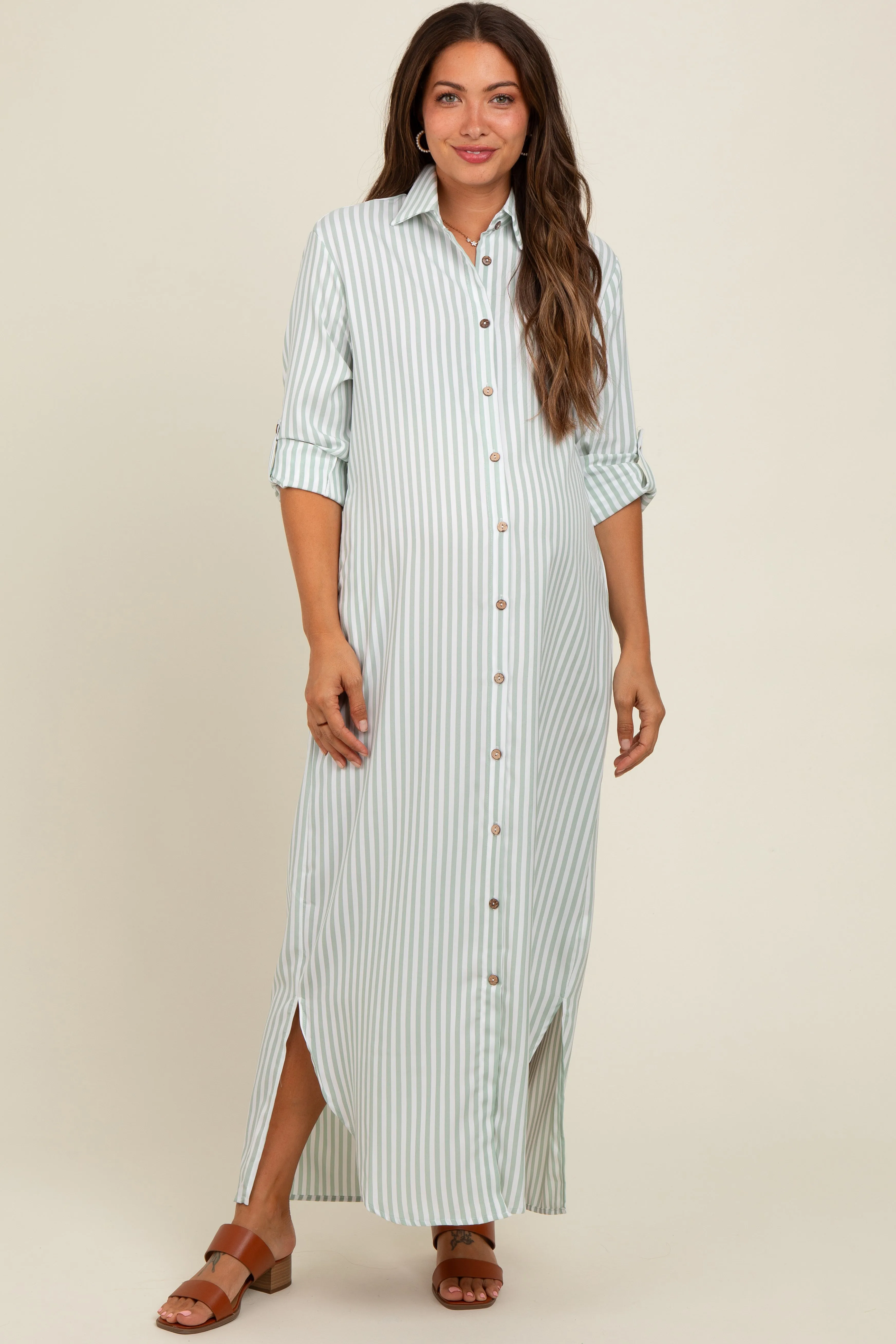 Light Olive Striped Button Down Maternity Maxi Dress sold by Pinkblush