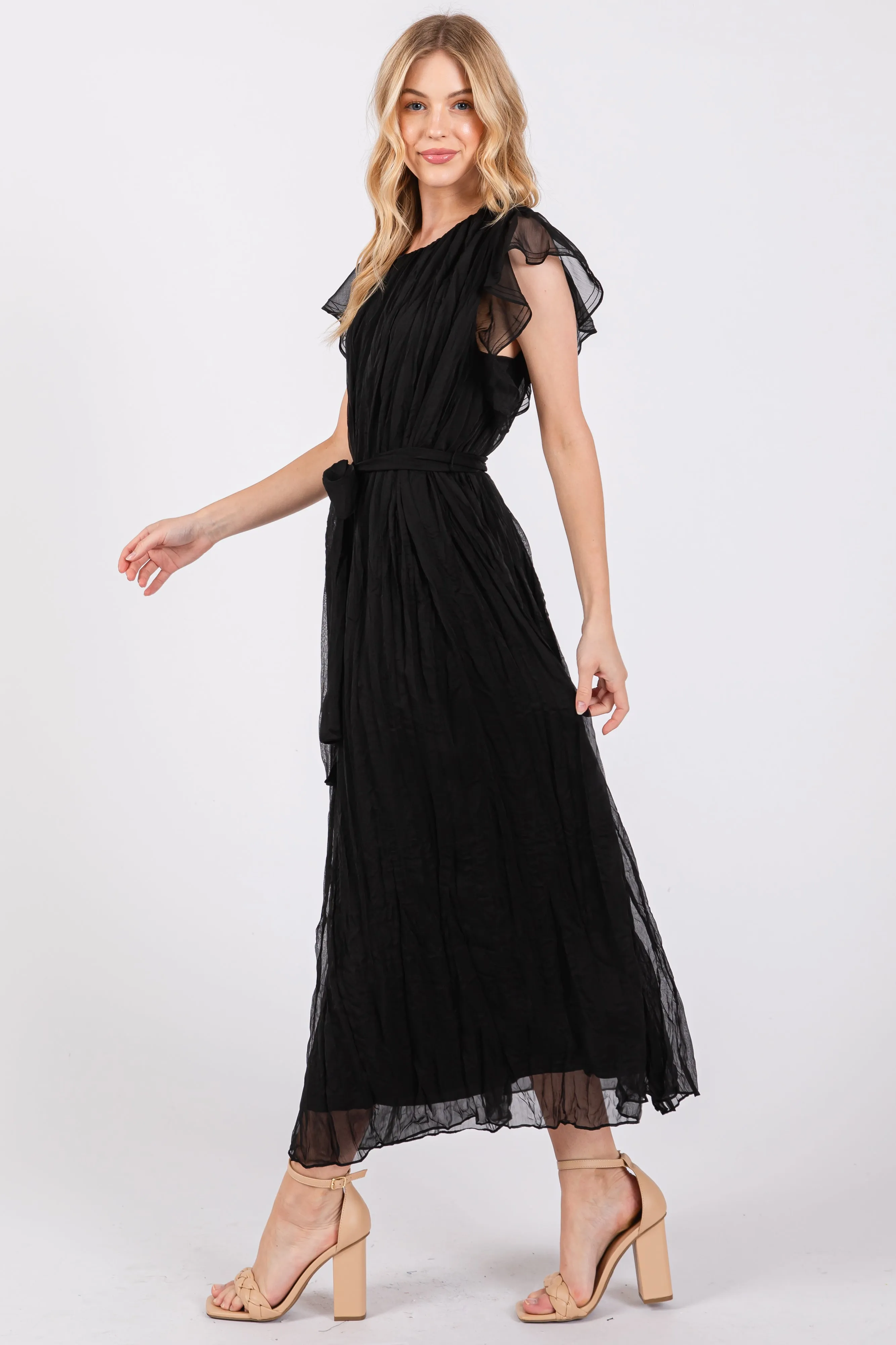 Black Short Sleeve Crinkle Self Tie Dress sold by Pinkblush product image thumbnail 2