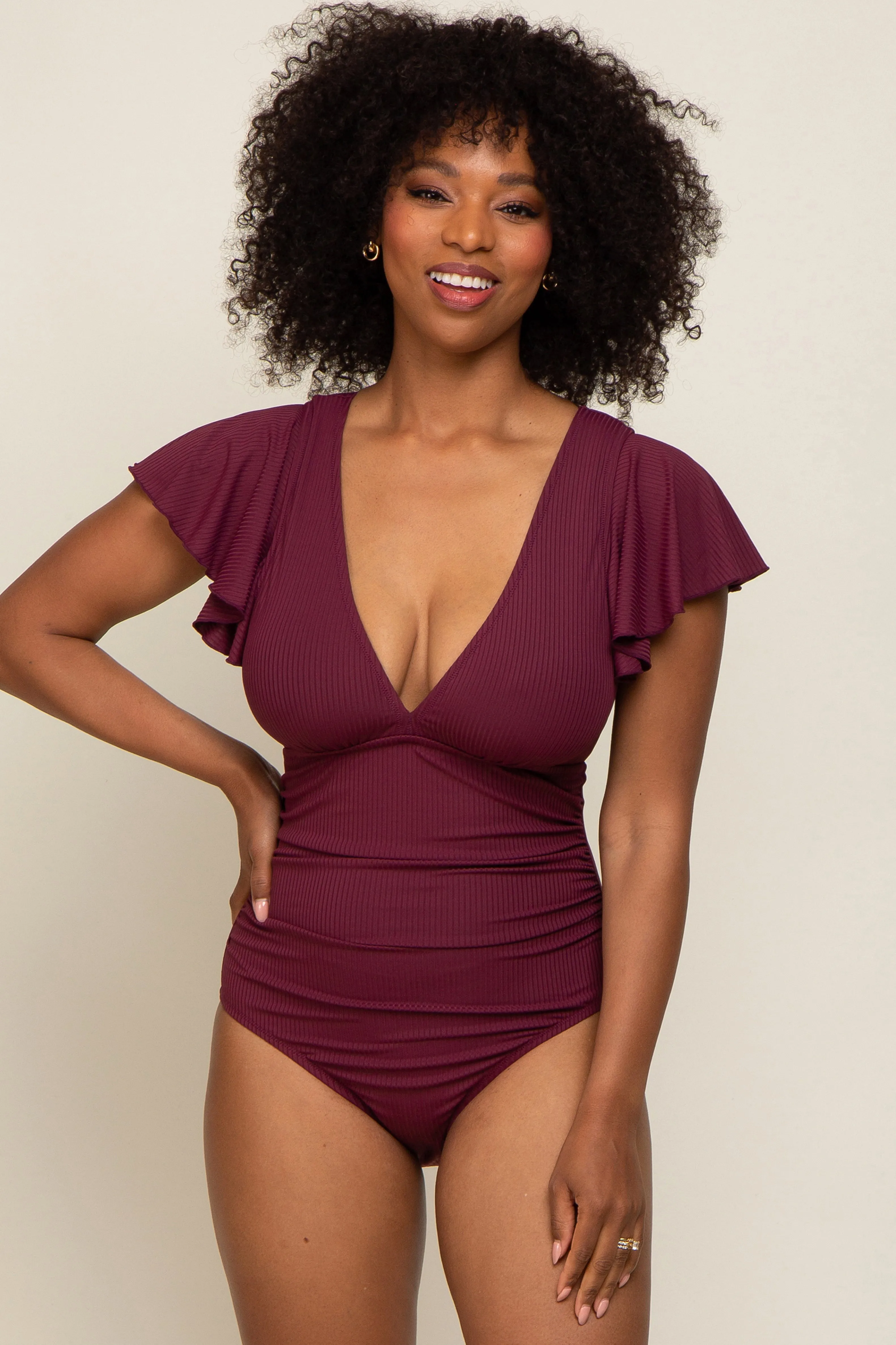 Plum Deep V-Neck Flounce Maternity One Piece Swimsuit sold by Pinkblush product image thumbnail 5