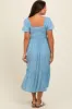 Blue Floral Smocked Ruffle Hem Maternity Midi Dress sold by Pinkblush