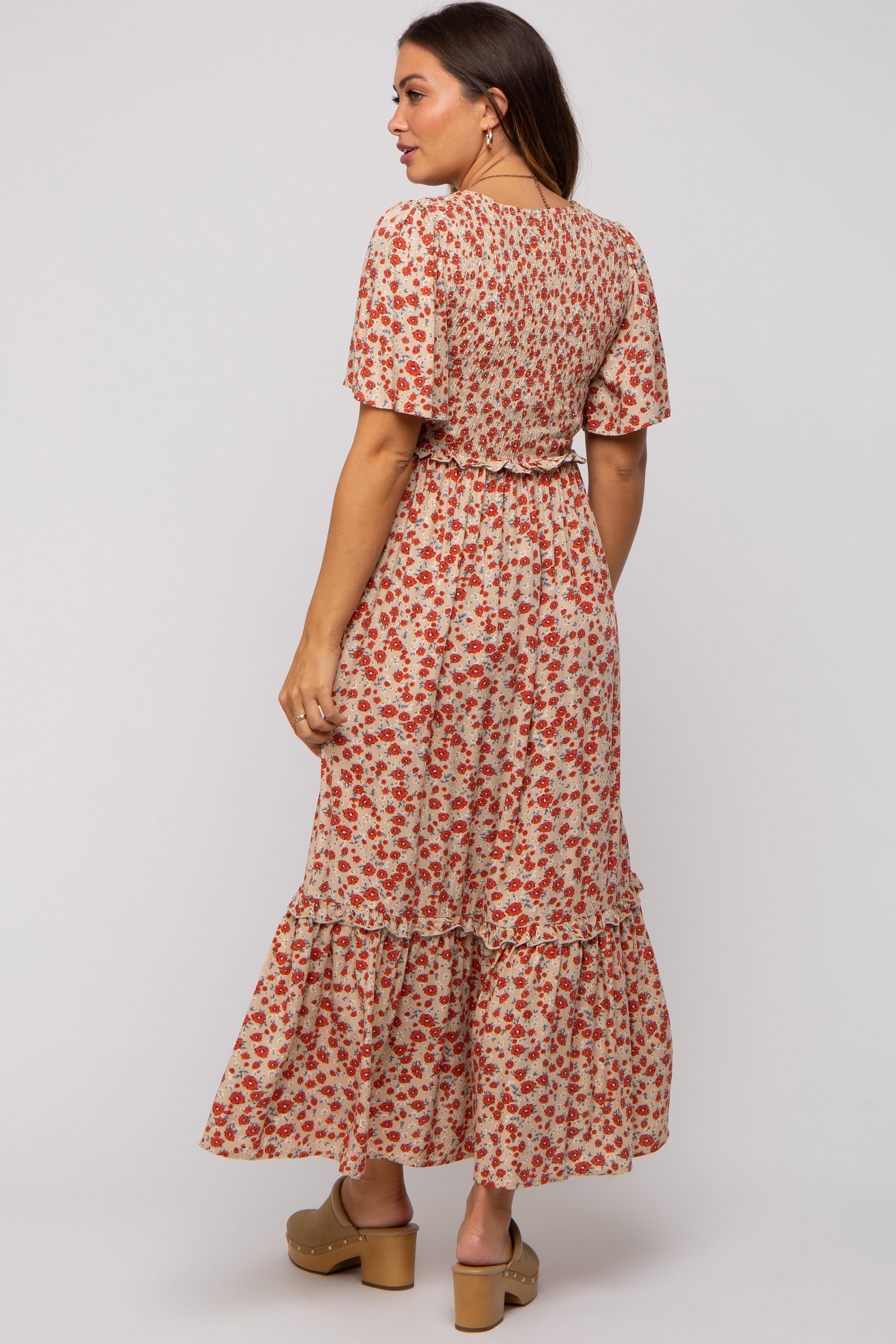 Beige Floral Smocked Flutter Short Sleeve Maternity Midi Dress sold by Pinkblush product image thumbnail 3