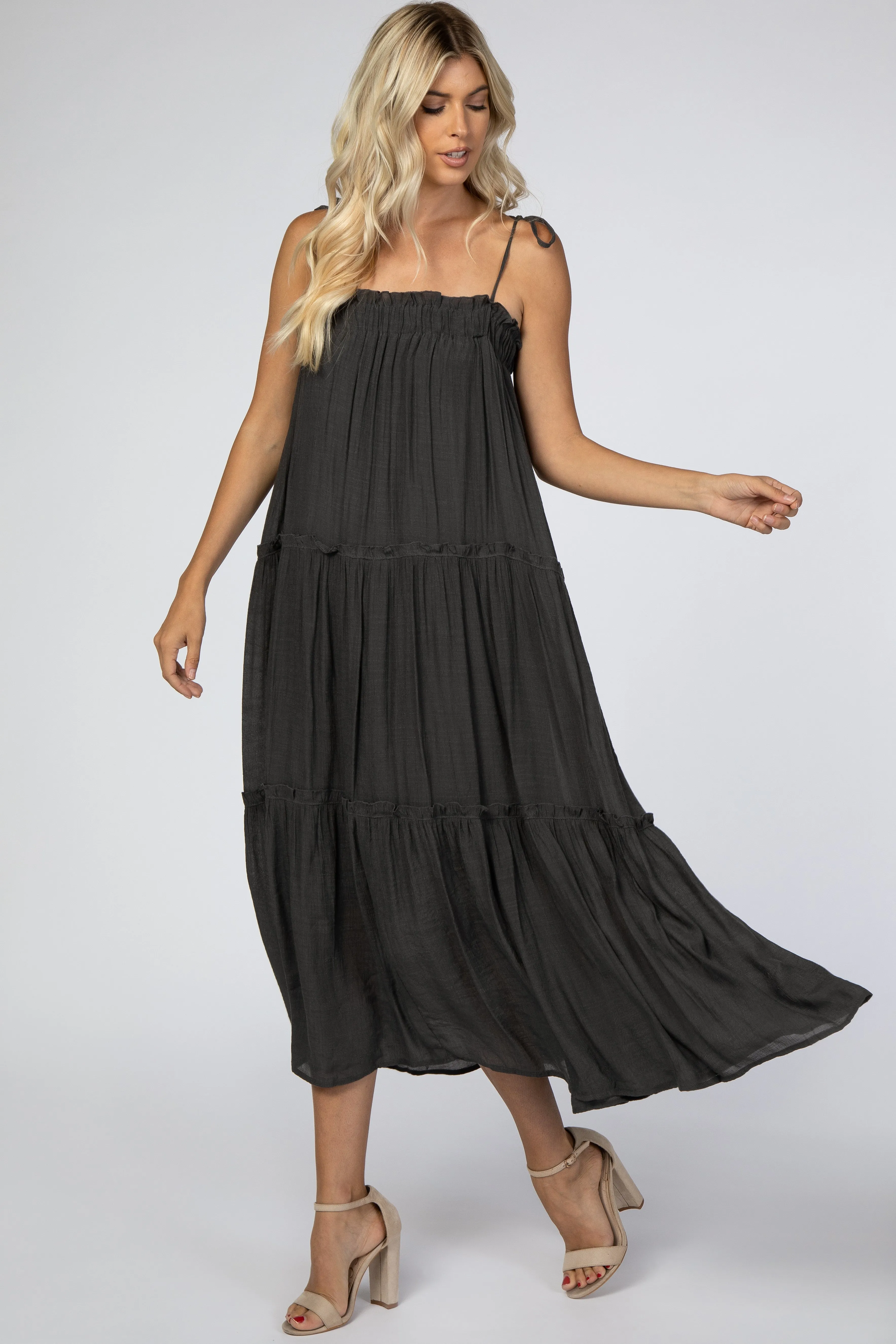 Charcoal Tie Strap Ruffle Maternity Maxi Dress sold by Pinkblush product image thumbnail 4