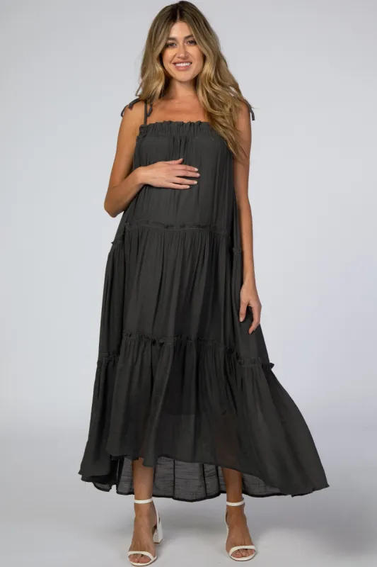 Charcoal Tie Strap Ruffle Maternity Maxi Dress sold by Pinkblush