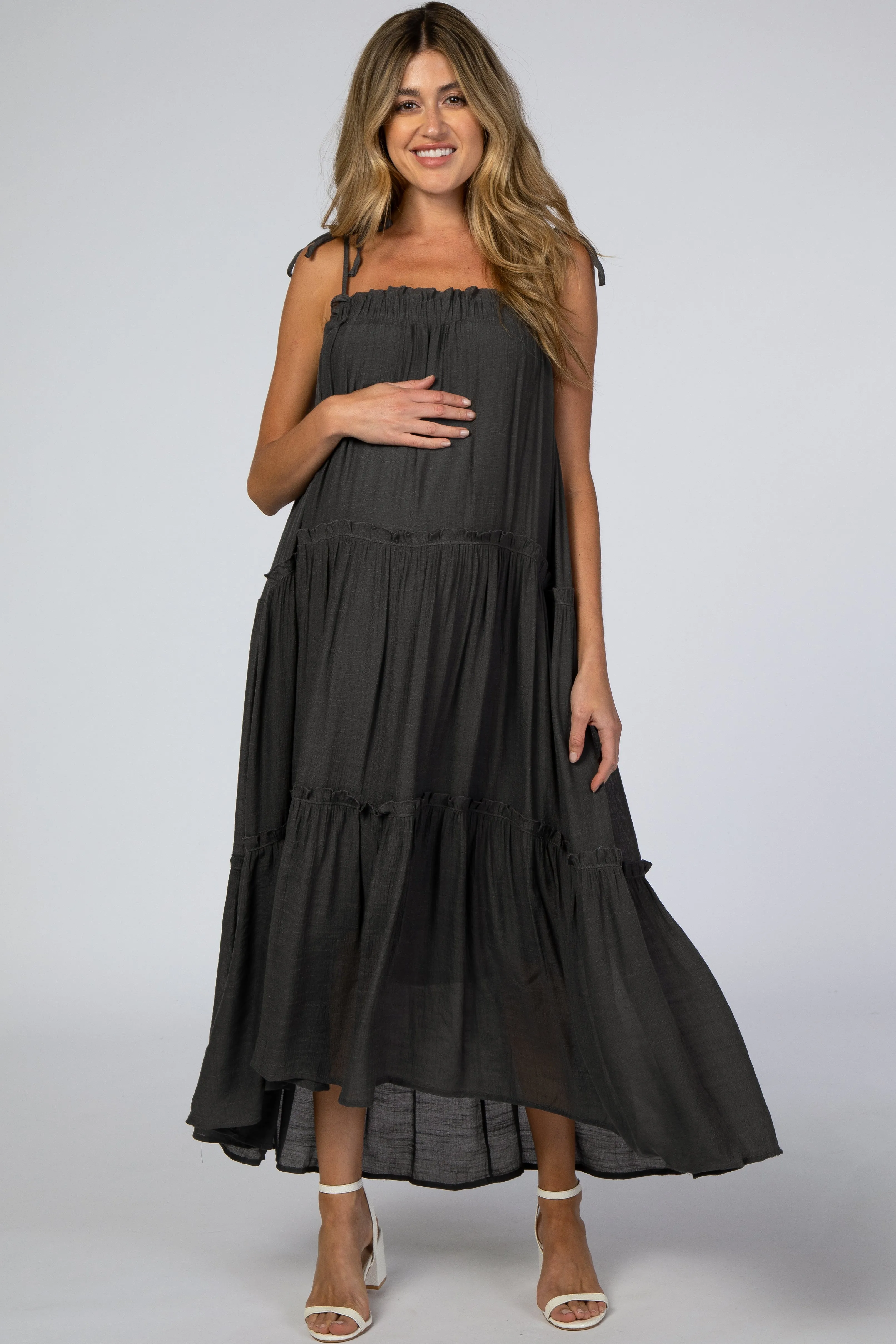 Charcoal Tie Strap Ruffle Maternity Maxi Dress sold by Pinkblush