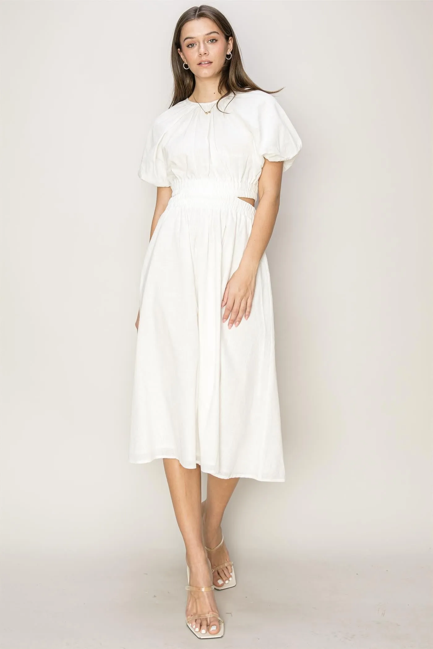 Off White Bubble Sleeve Midi Dress sold by Pinkblush