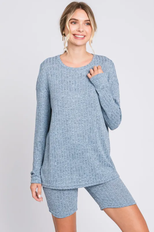 Blue Ribbed Long Sleeve Shorts Set sold by Pinkblush