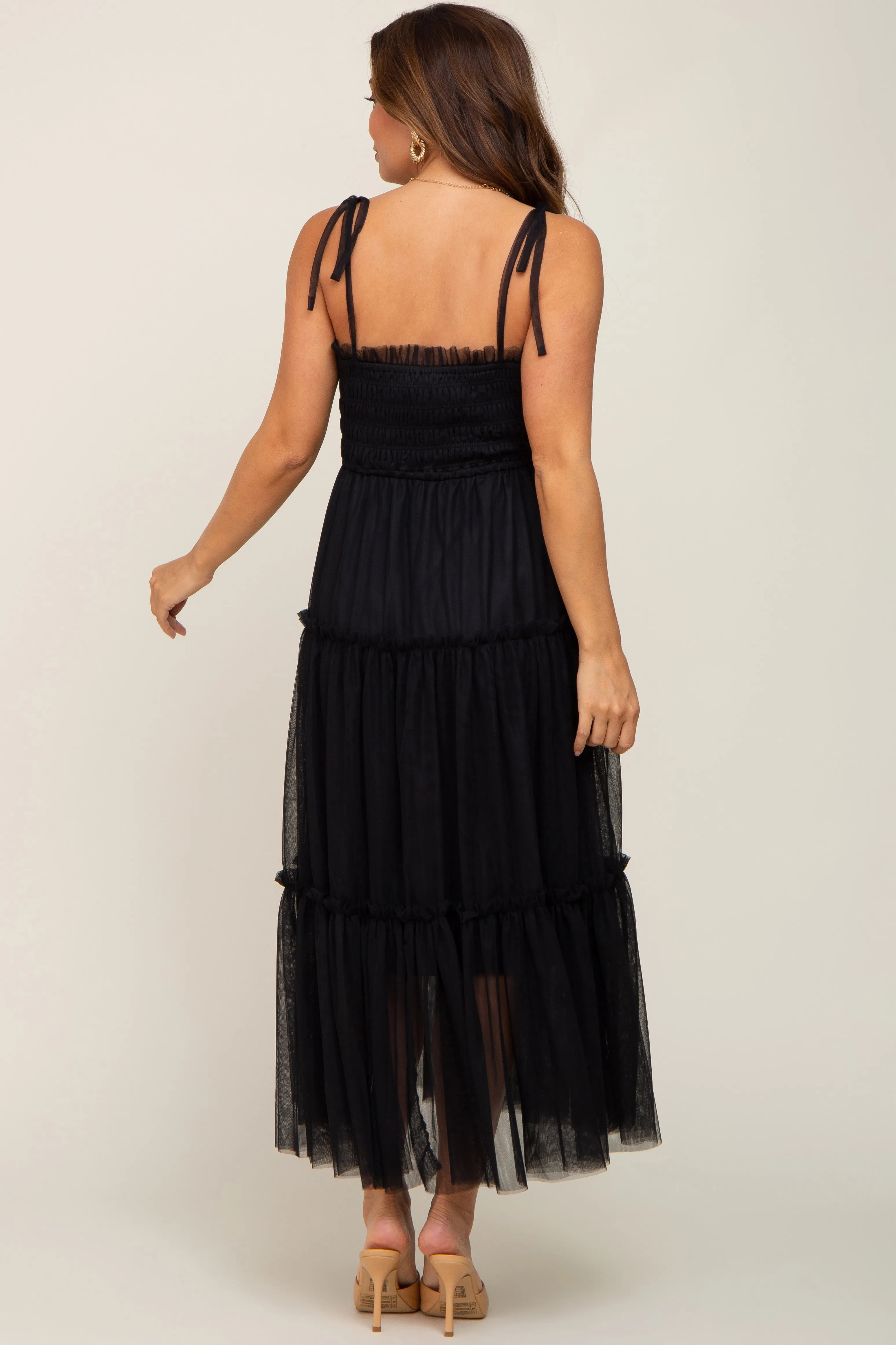 Black Smocked Mesh Maternity Midi Dress sold by Pinkblush product image thumbnail 3