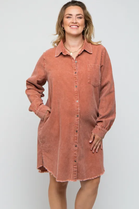 Rust Corduroy Button Down Collared Plus Maternity Dress sold by Pinkblush