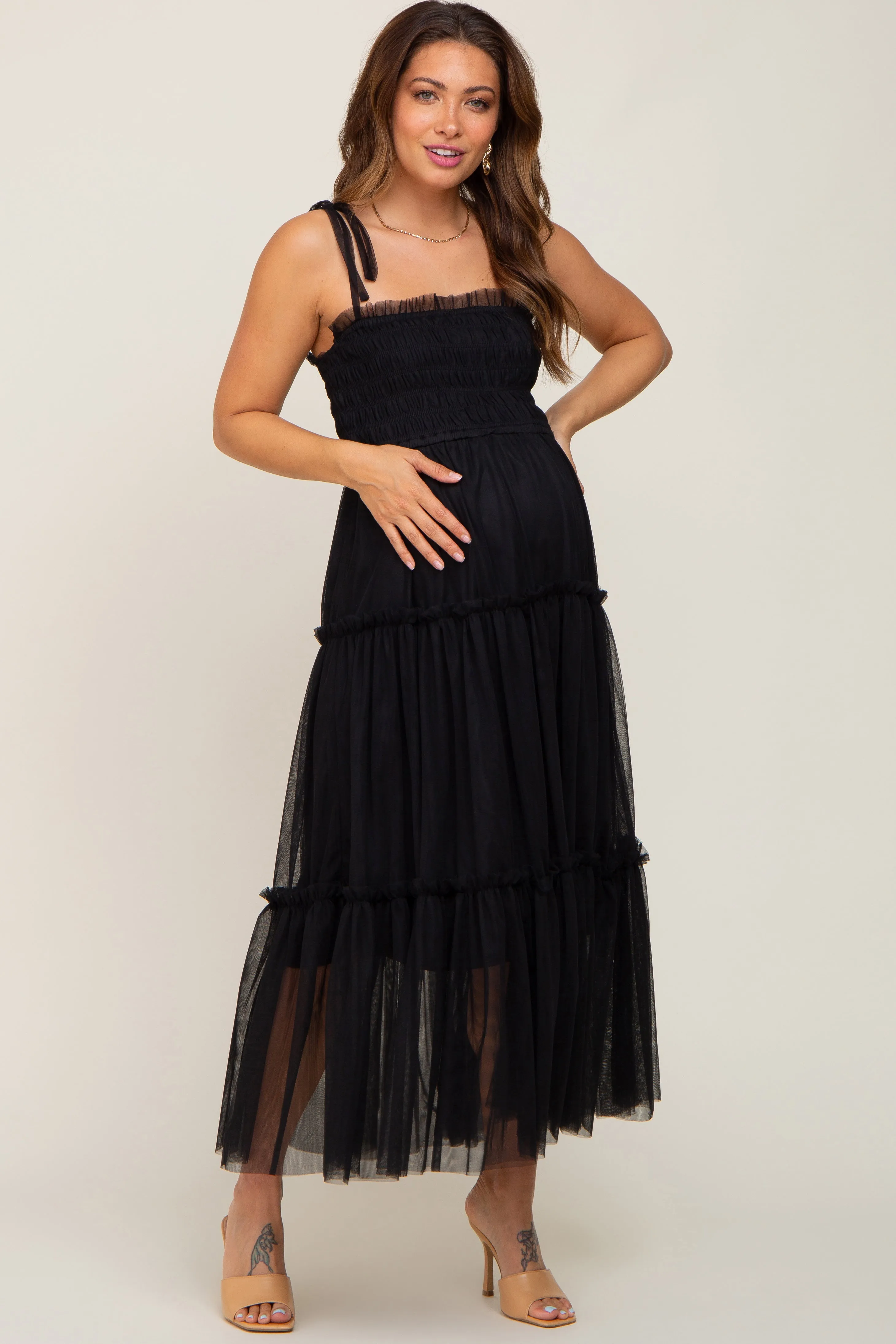 Black Smocked Mesh Maternity Midi Dress sold by Pinkblush product image thumbnail 4