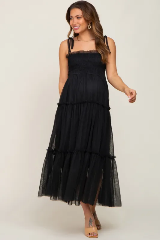 Black Smocked Mesh Maternity Midi Dress sold by Pinkblush