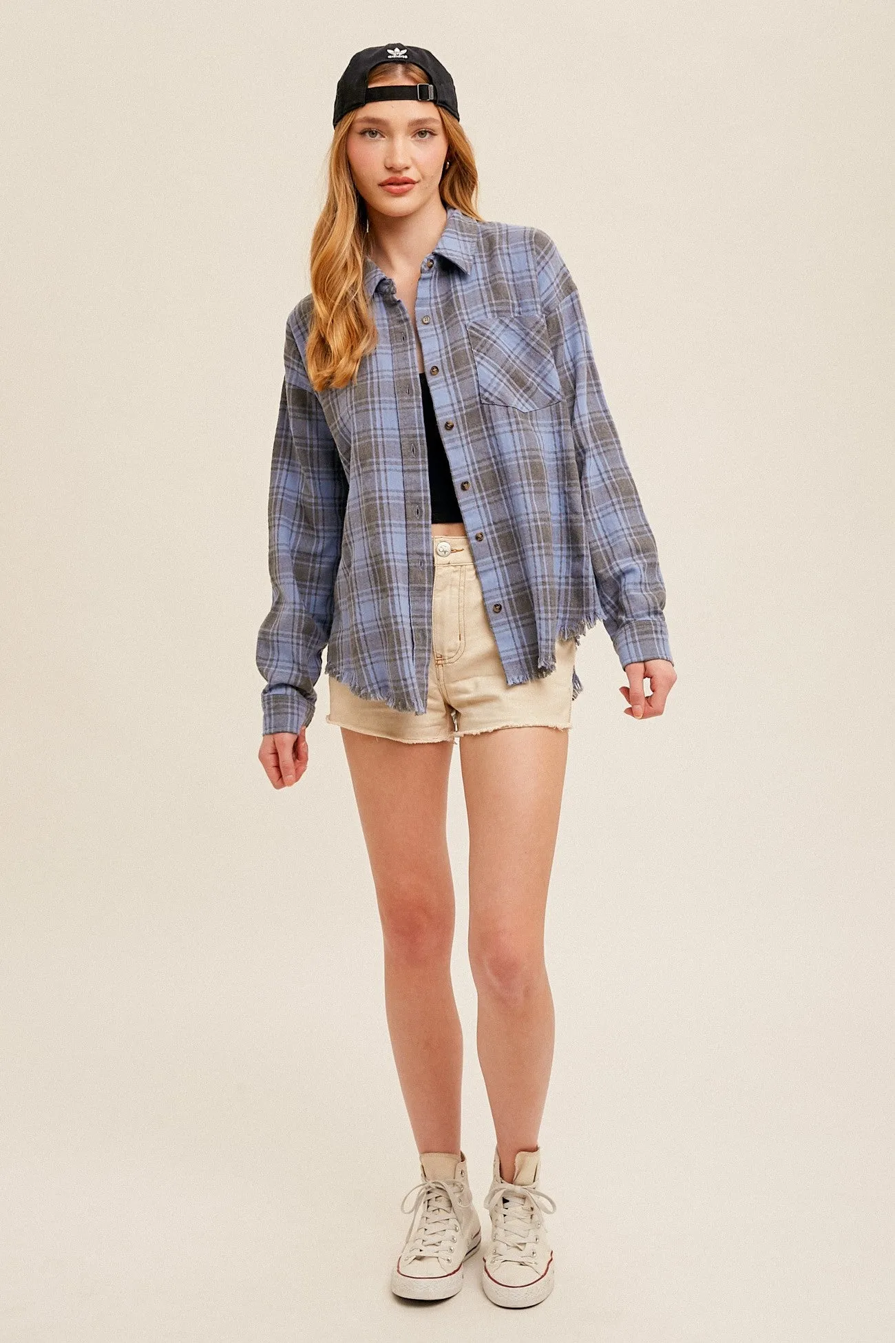 Dusty Blue Fringe Hem Oversized Plaid Button Down Shirt sold by Pinkblush product image thumbnail 4
