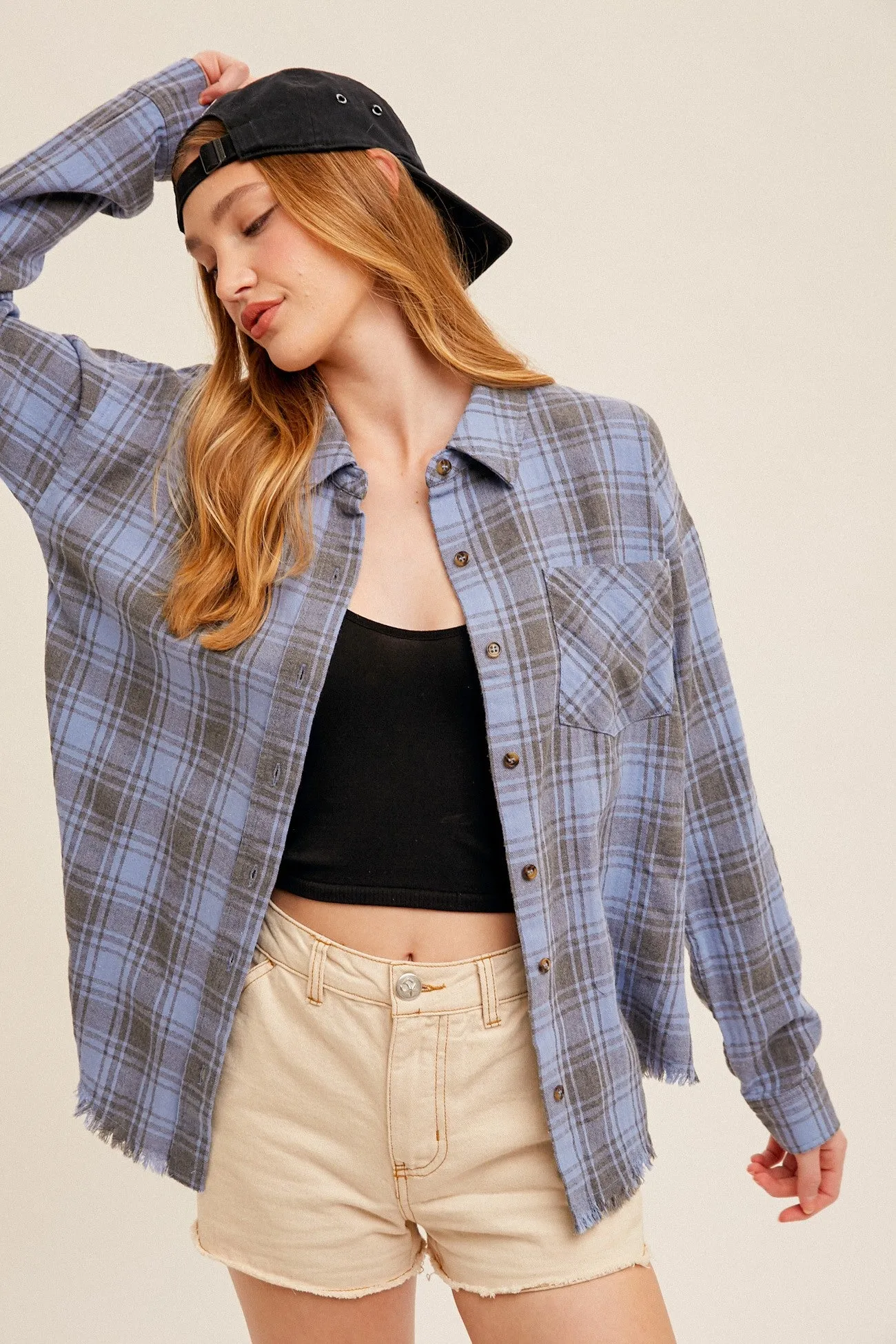 Dusty Blue Fringe Hem Oversized Plaid Button Down Shirt sold by Pinkblush