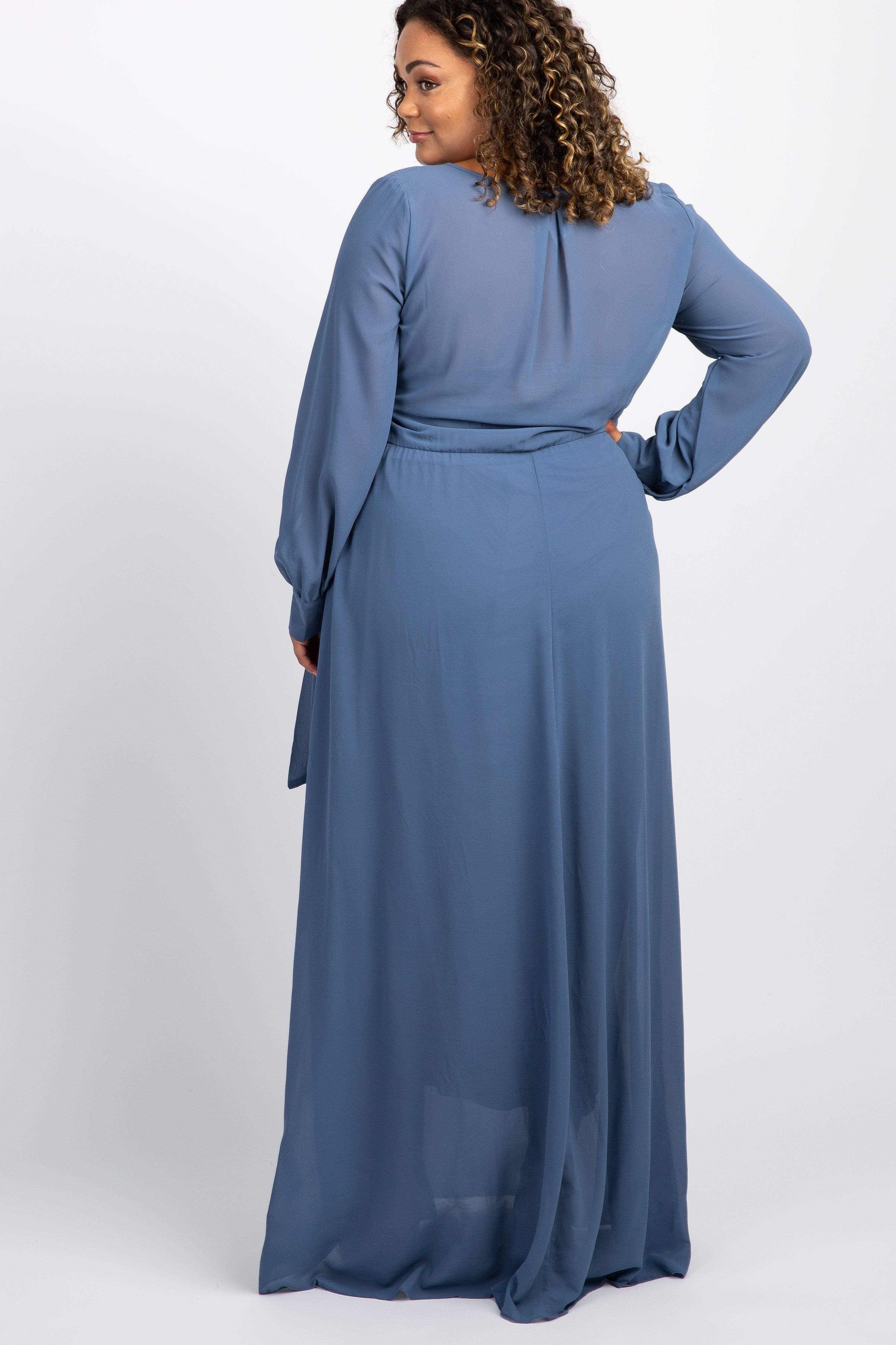 Blue Chiffon Long Sleeve Pleated Plus Maternity Maxi Dress sold by Pinkblush product image thumbnail 3
