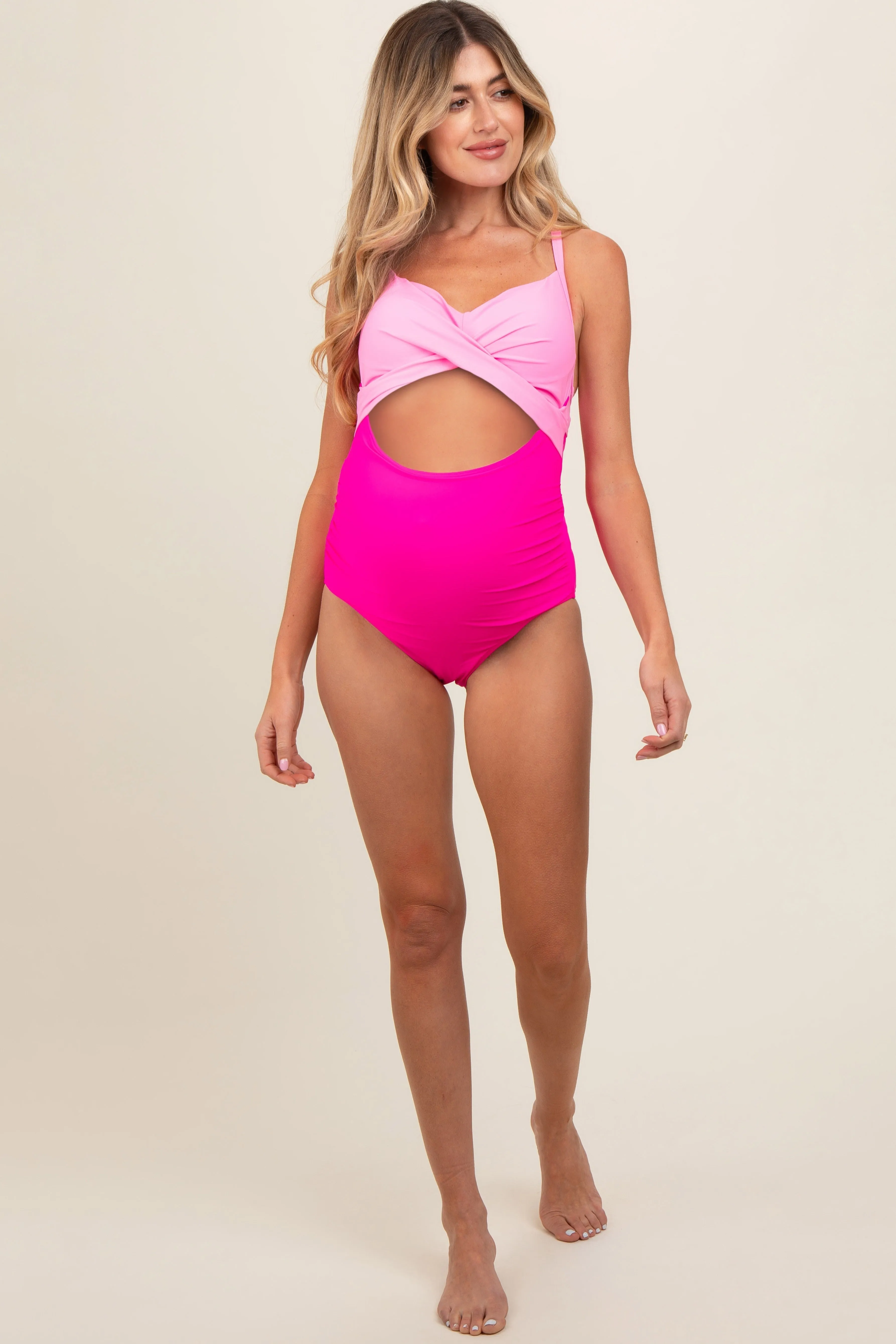 Pink Color Block Wrap Front Cutout Maternity One Piece Swimsuit sold by Pinkblush