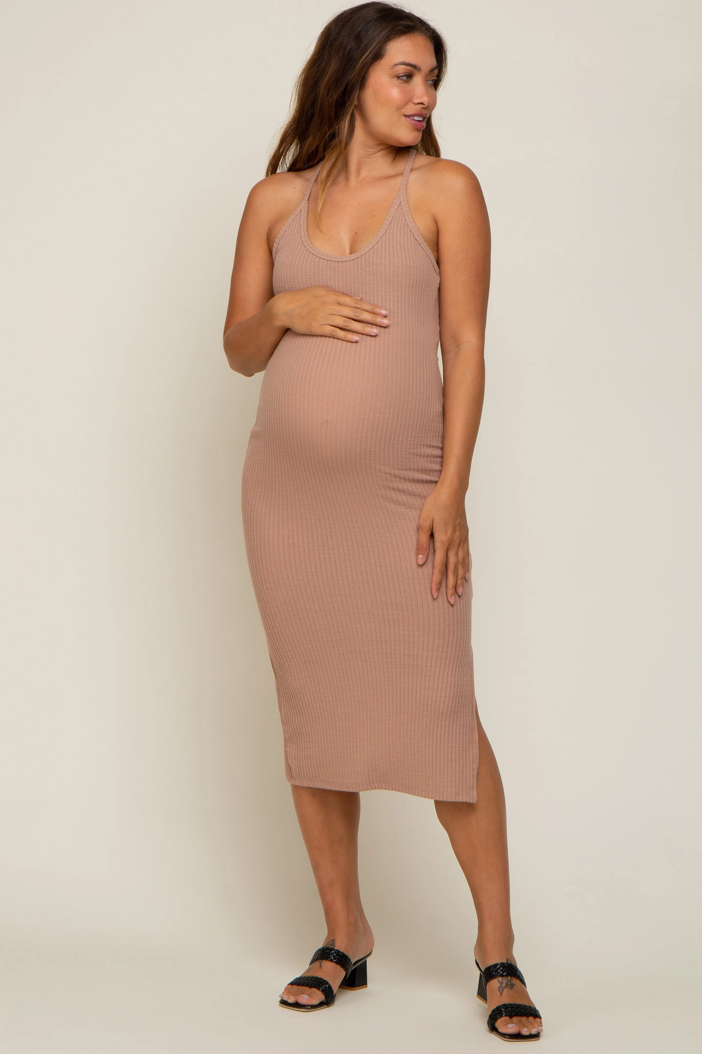 Taupe Sleeveless Ribbed Slit Maternity Midi Dress sold by Pinkblush