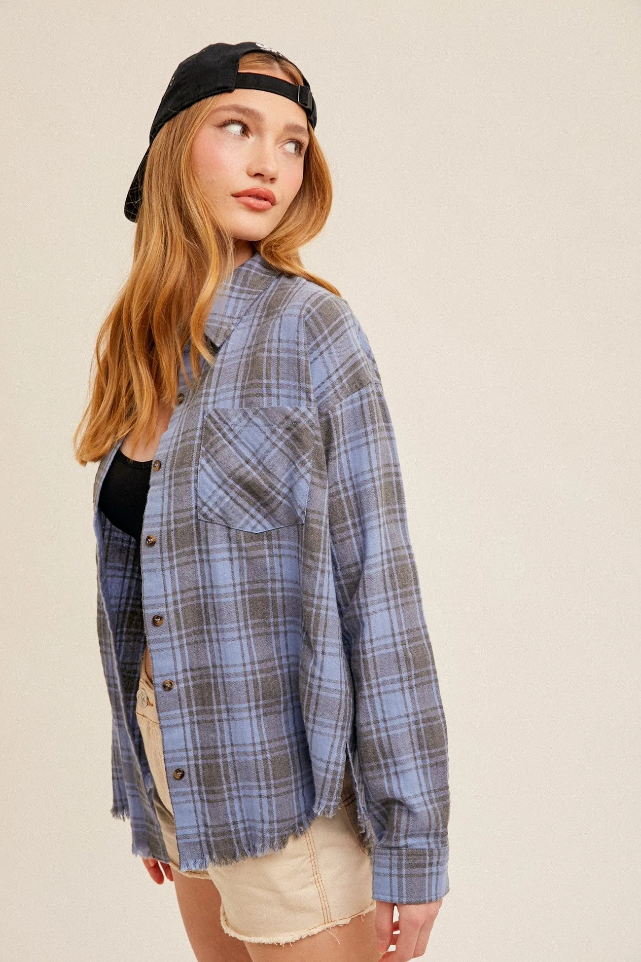 Dusty Blue Fringe Hem Oversized Plaid Button Down Shirt sold by Pinkblush product image thumbnail 2