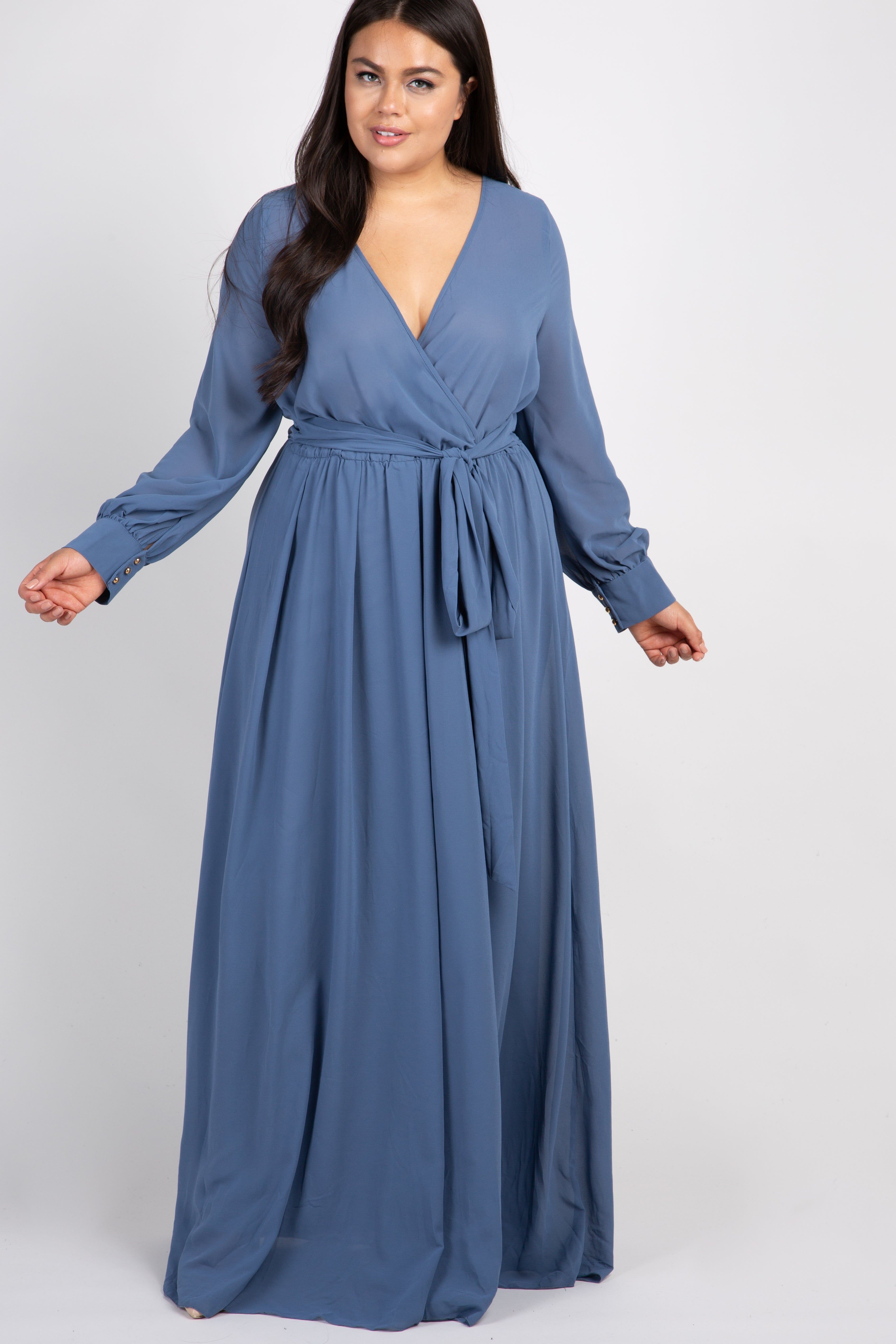 Blue Chiffon Long Sleeve Pleated Plus Maternity Maxi Dress sold by Pinkblush product image thumbnail 4