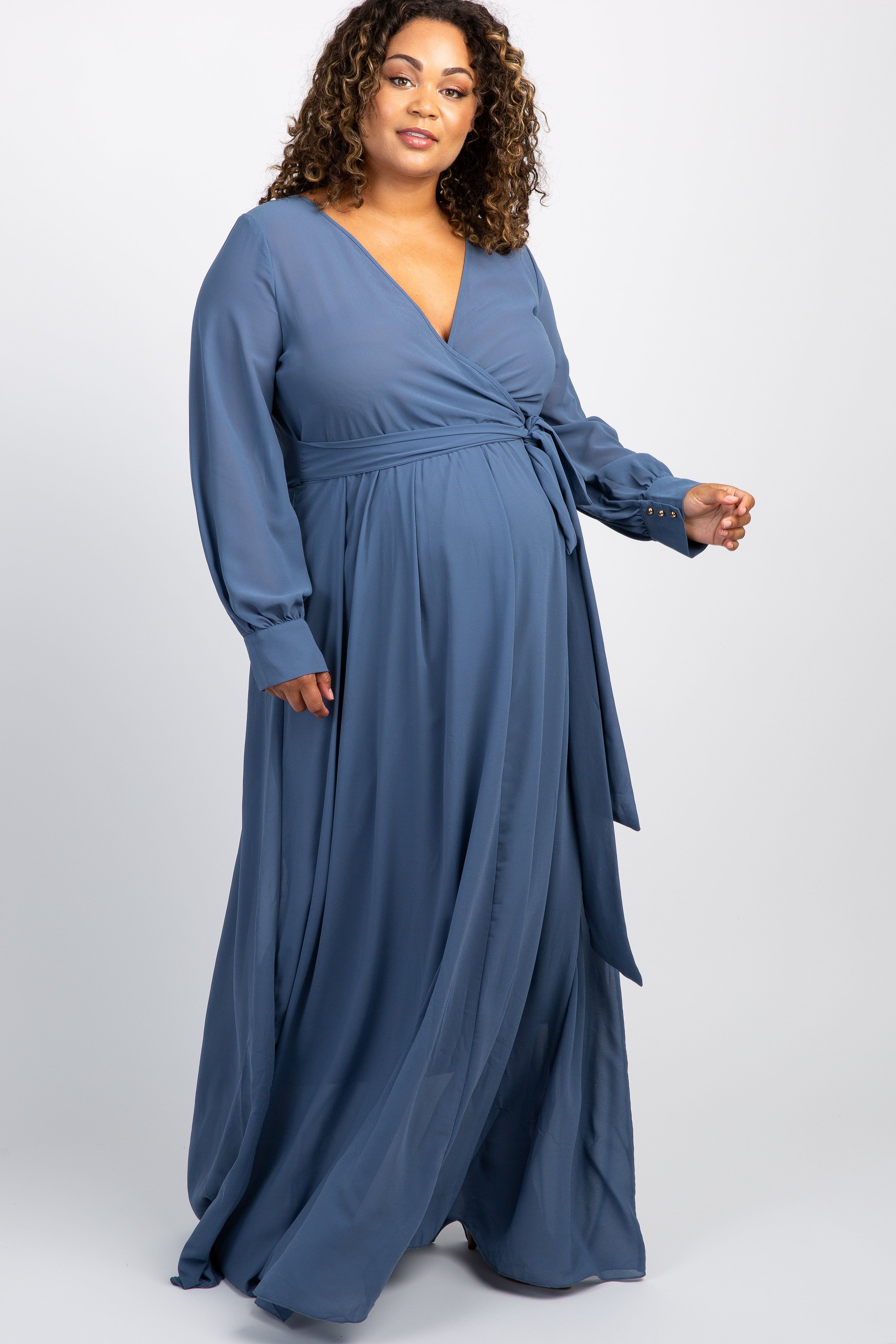 Blue Chiffon Long Sleeve Pleated Plus Maternity Maxi Dress sold by Pinkblush
