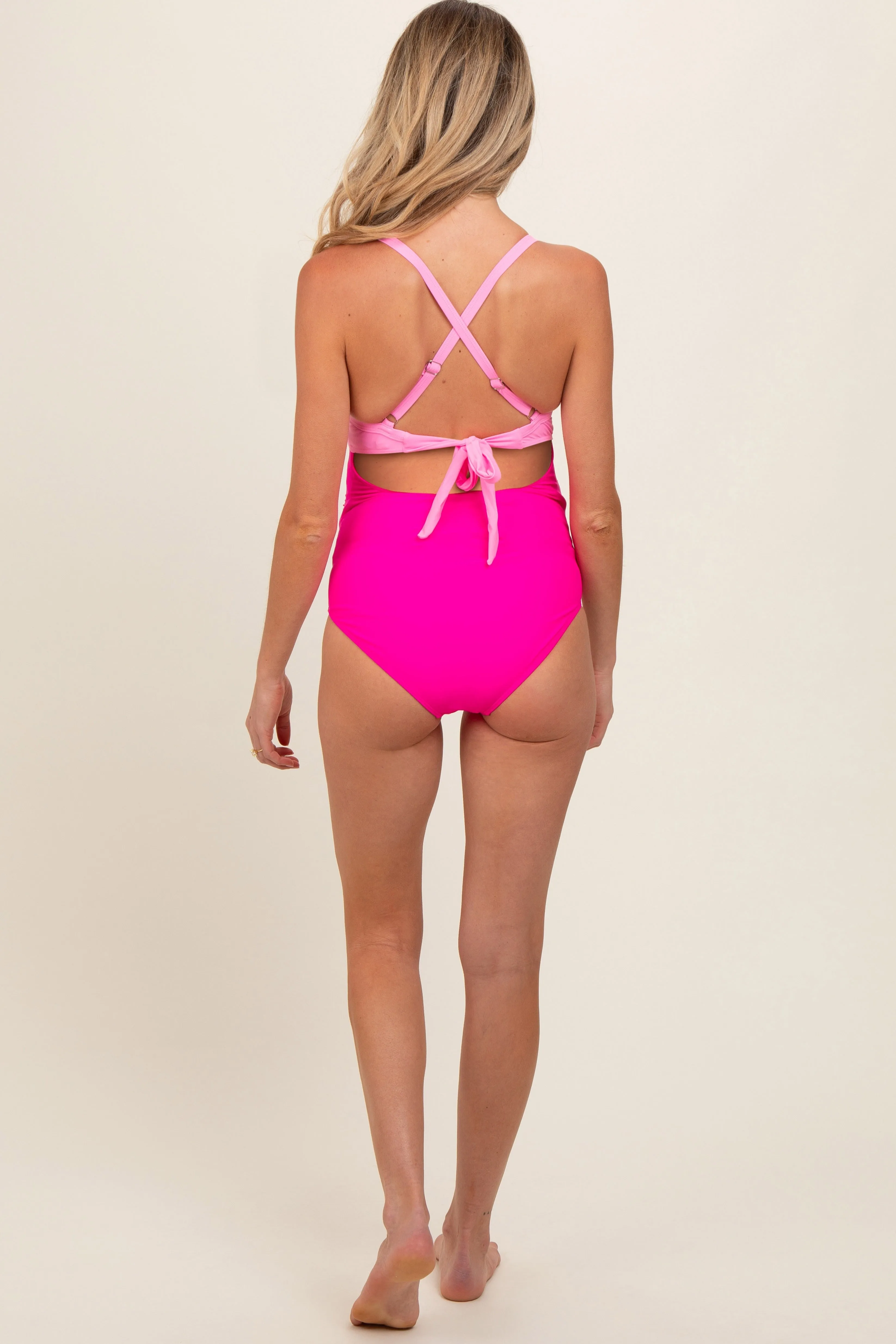 Pink Color Block Wrap Front Cutout Maternity One Piece Swimsuit sold by Pinkblush product image thumbnail 2