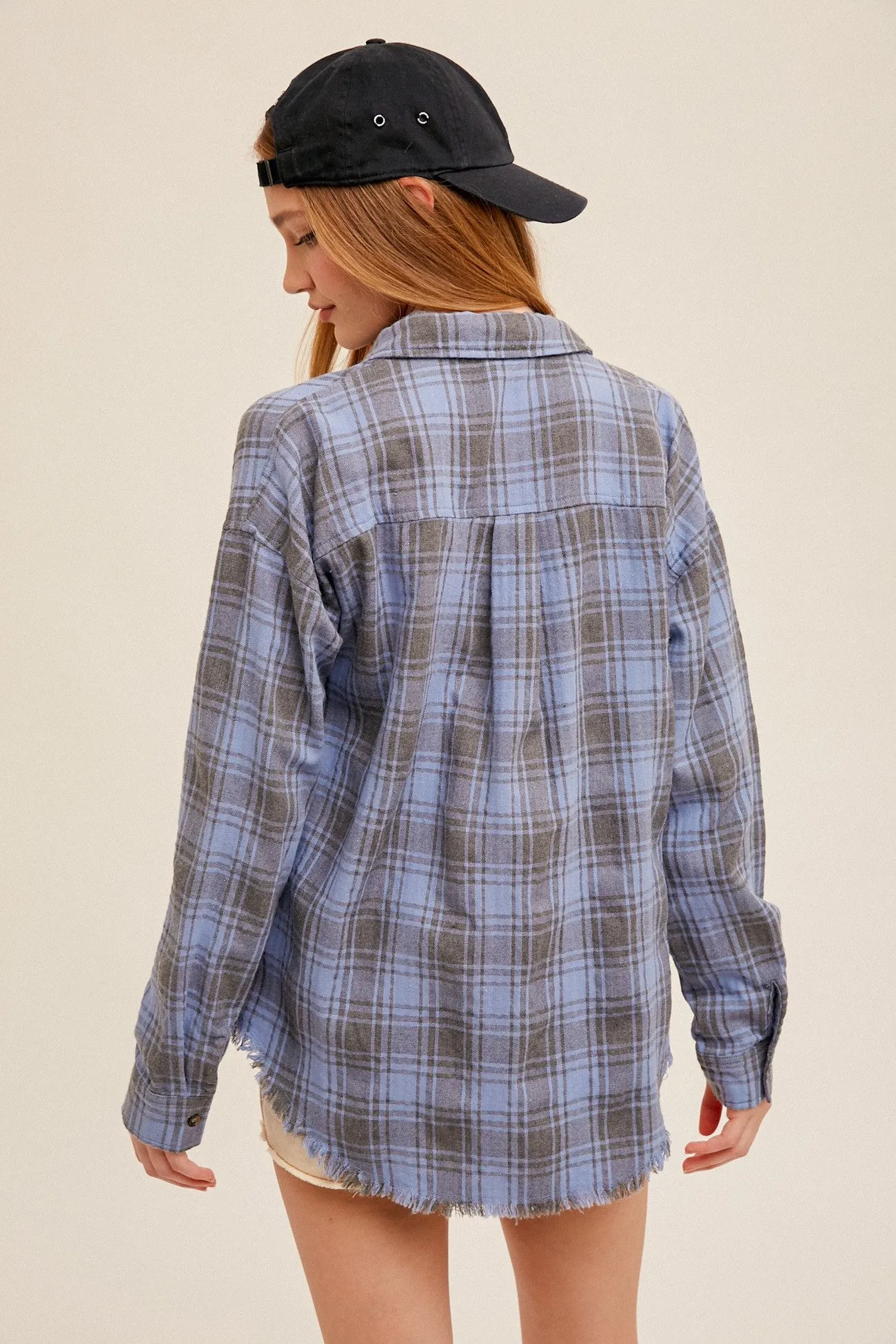 Dusty Blue Fringe Hem Oversized Plaid Button Down Shirt sold by Pinkblush product image thumbnail 3