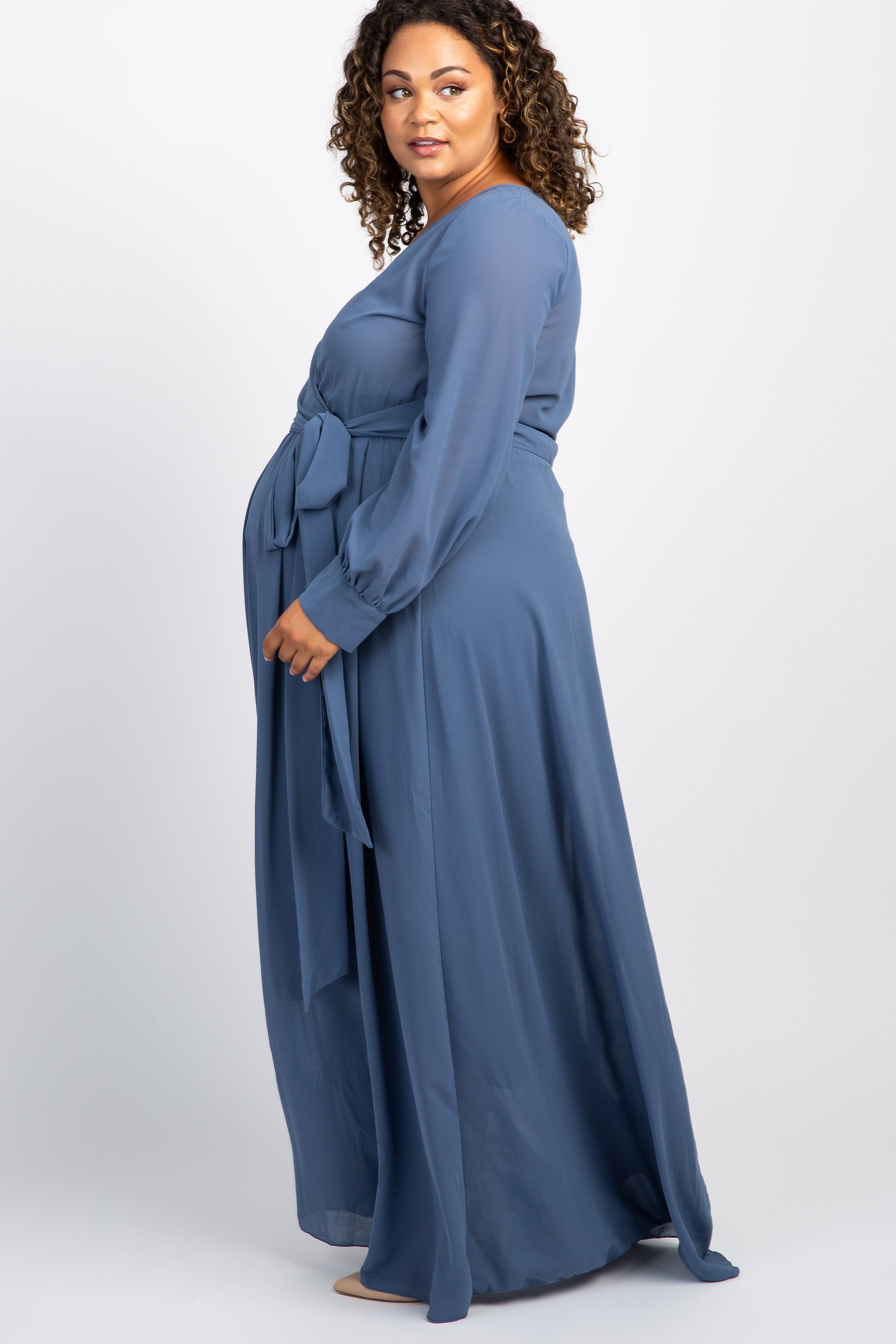 Blue Chiffon Long Sleeve Pleated Plus Maternity Maxi Dress sold by Pinkblush product image thumbnail 2