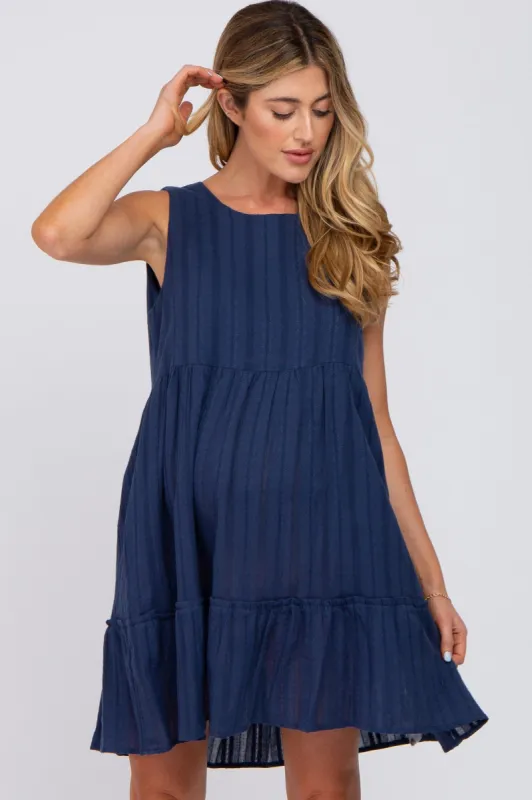 Navy Blue Jacquard Tiered Maternity Dress sold by Pinkblush