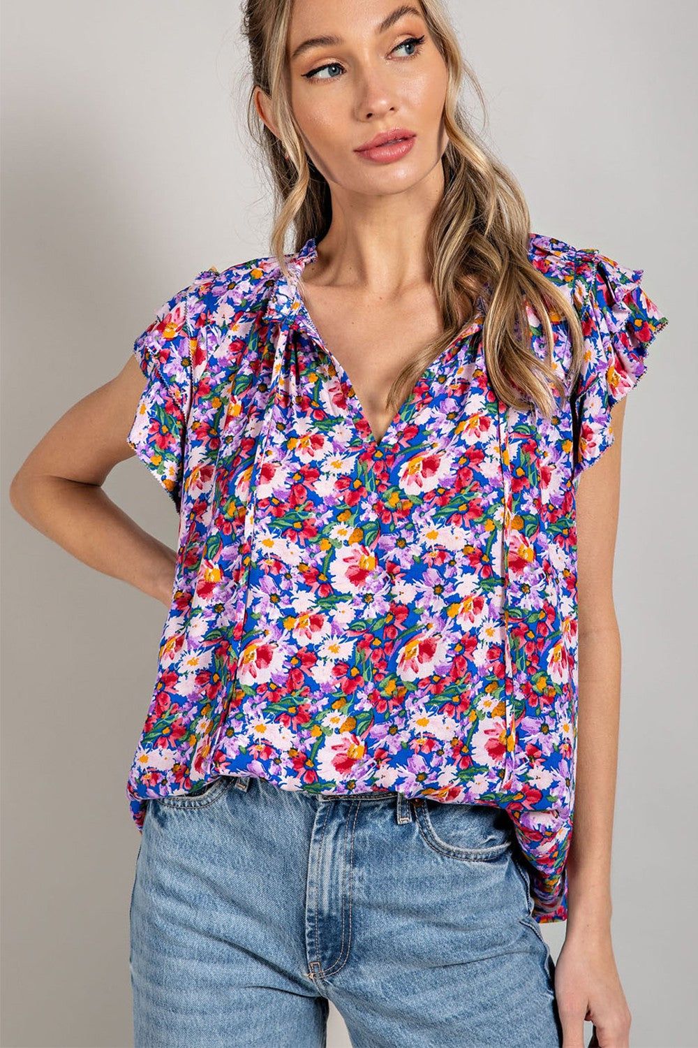Royal Blue Floral Layered Sleeve Top sold by Pinkblush