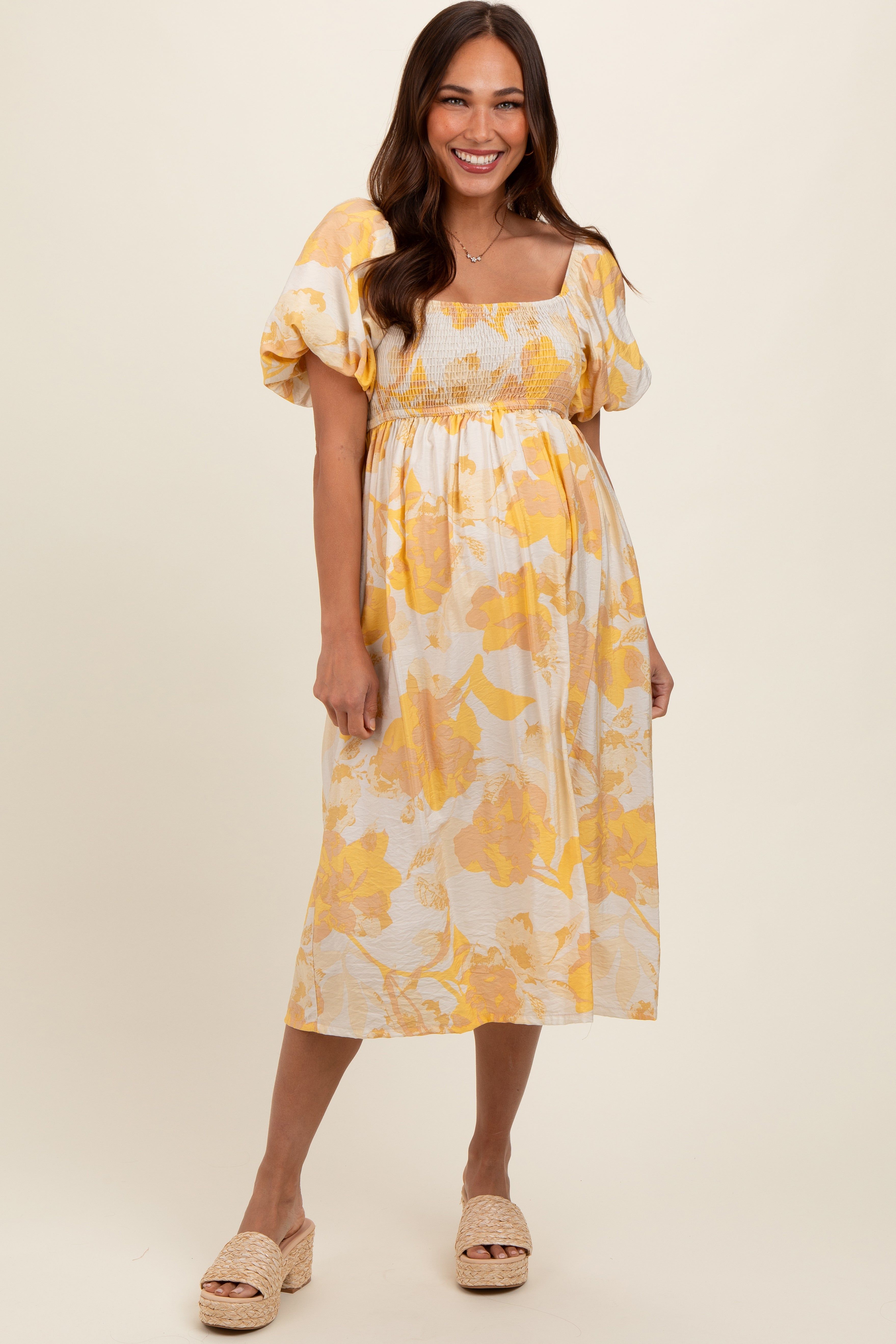 Yellow Floral Square Neck Smocked Short Puff Sleeve Maternity Midi Dress sold by Pinkblush