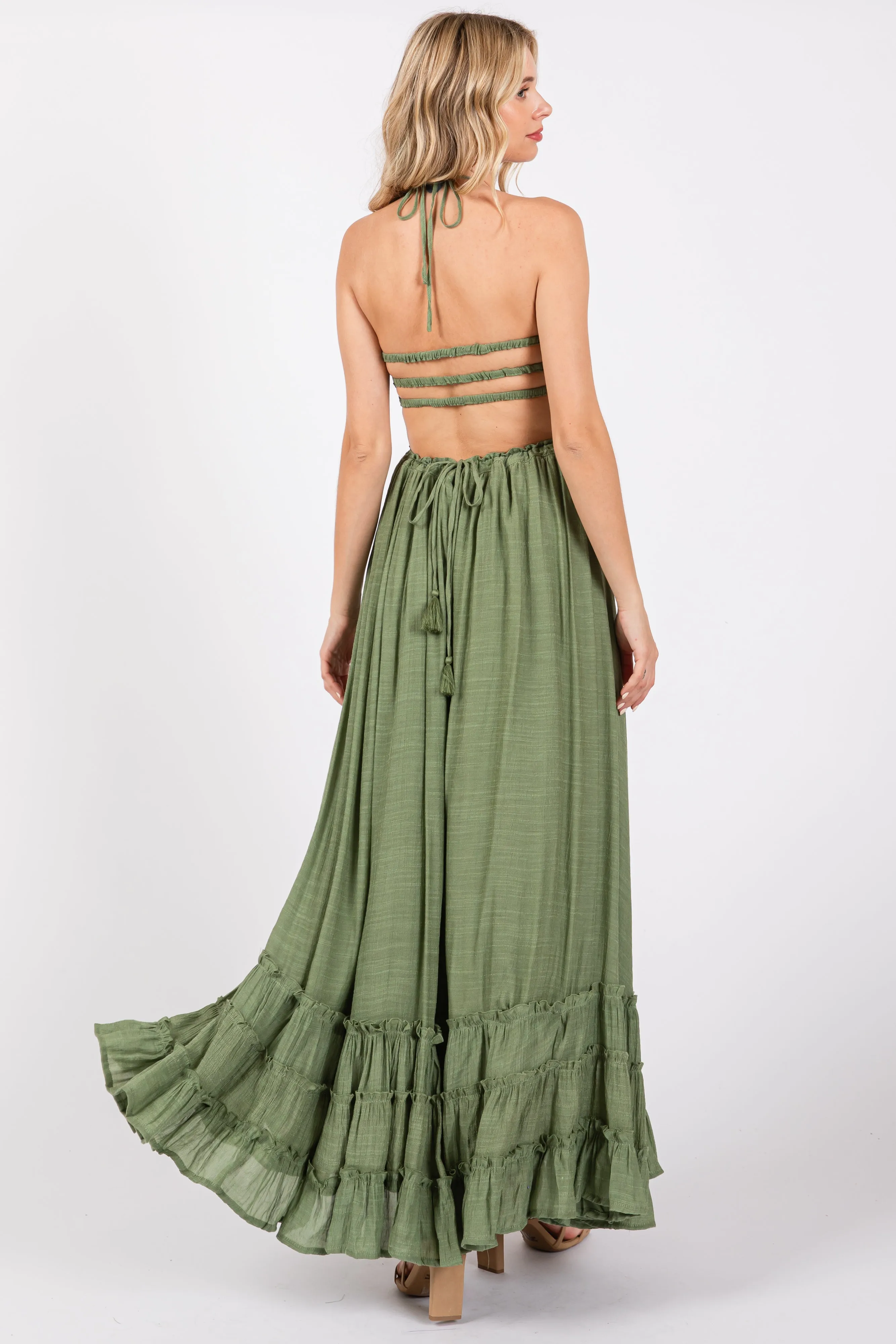 Olive Smocked Halter Cutout Maxi Dress sold by Pinkblush product image thumbnail 3