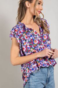 Royal Blue Floral Layered Sleeve Top sold by Pinkblush