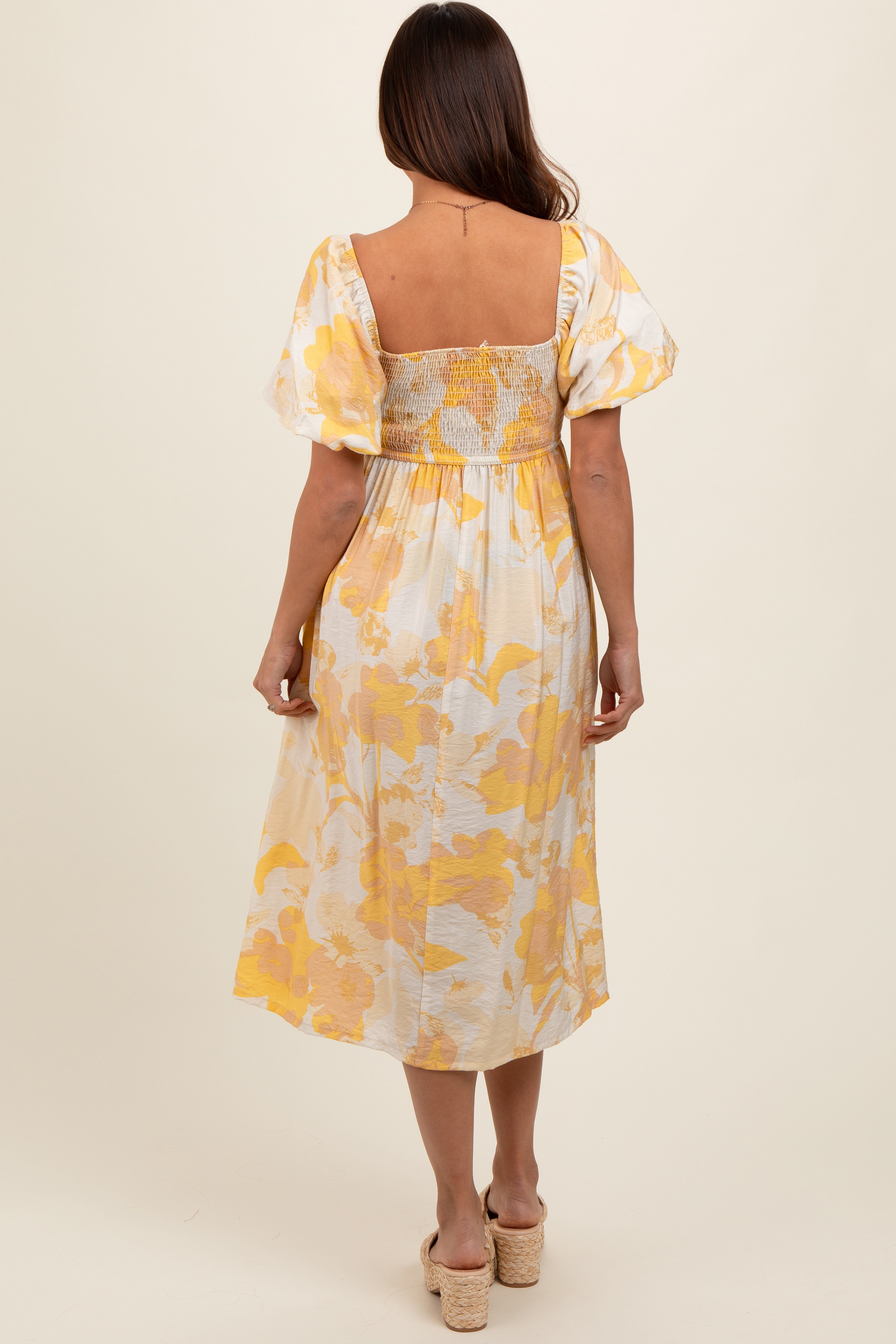 Yellow Floral Square Neck Smocked Short Puff Sleeve Maternity Midi Dress sold by Pinkblush product image thumbnail 2