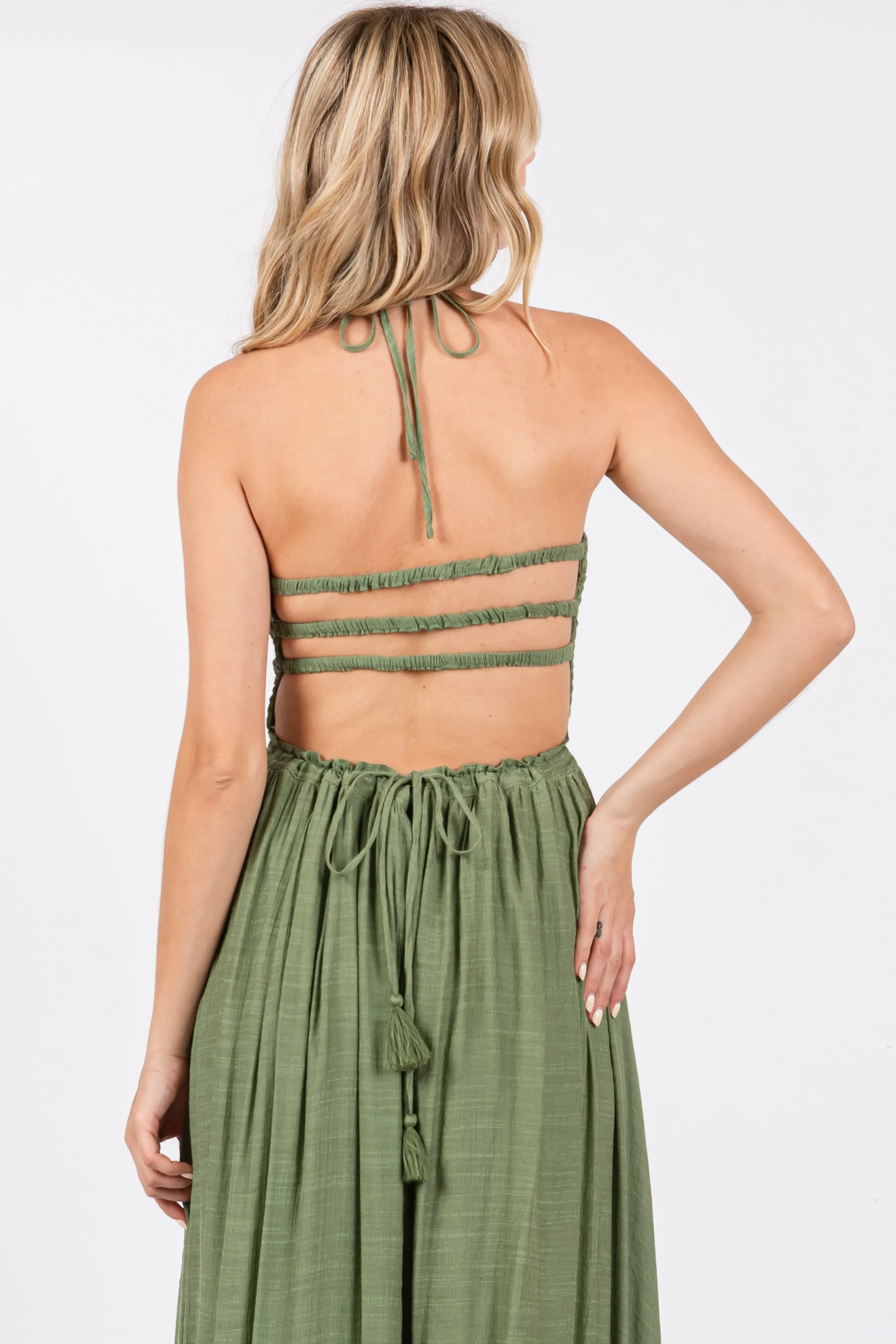 Olive Smocked Halter Cutout Maxi Dress sold by Pinkblush product image thumbnail 4