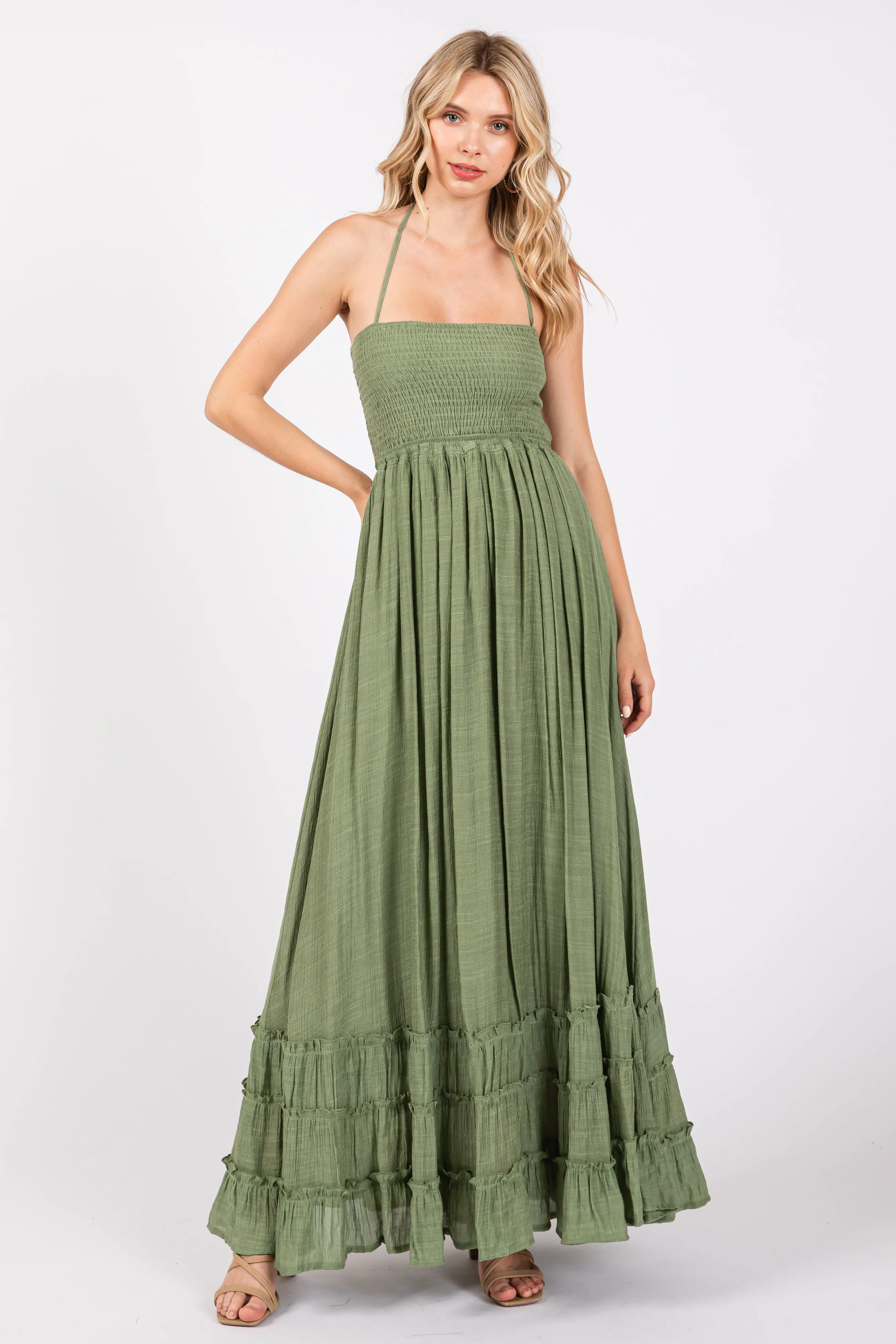 Olive Smocked Halter Cutout Maxi Dress sold by Pinkblush