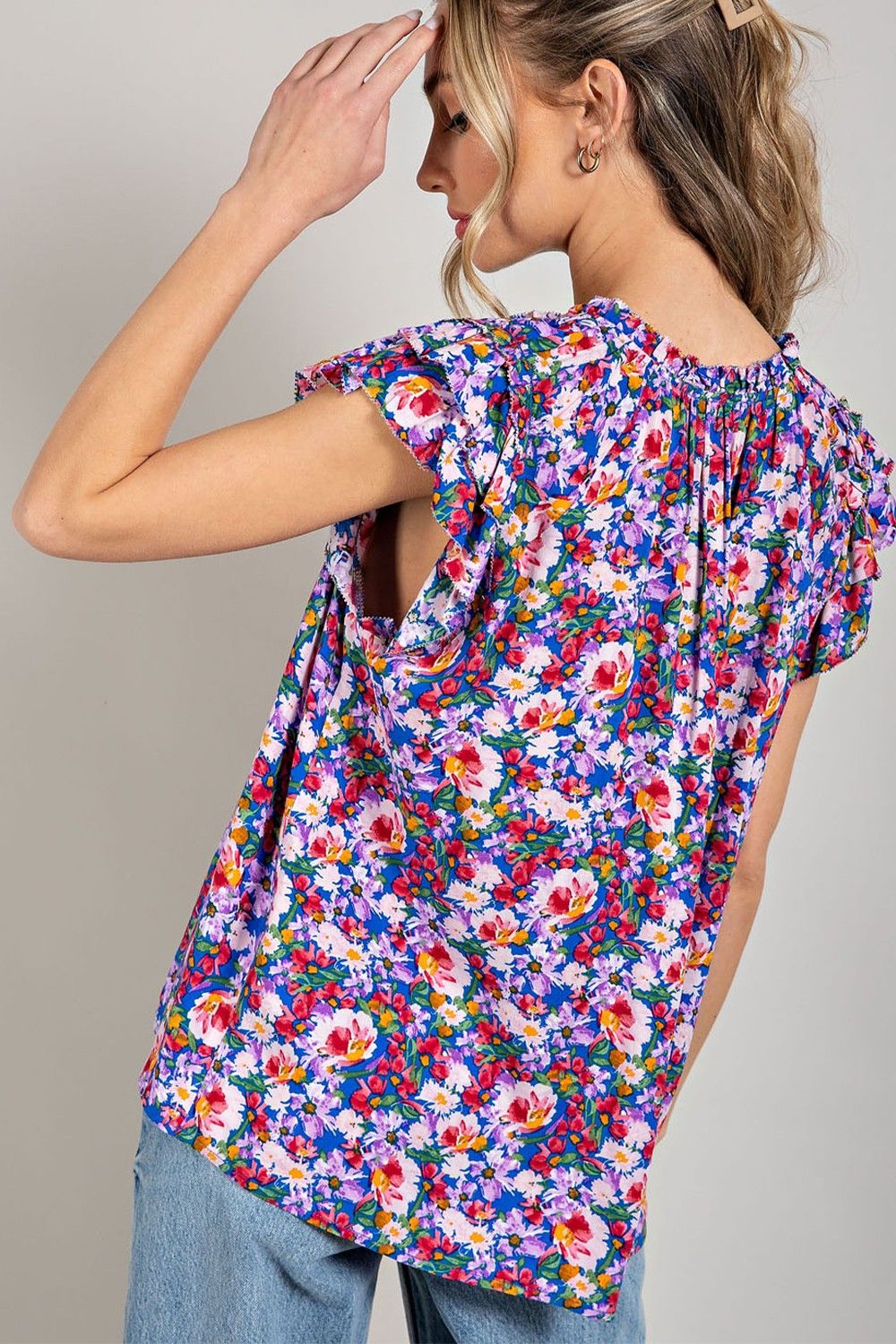 Royal Blue Floral Layered Sleeve Top sold by Pinkblush product image thumbnail 3