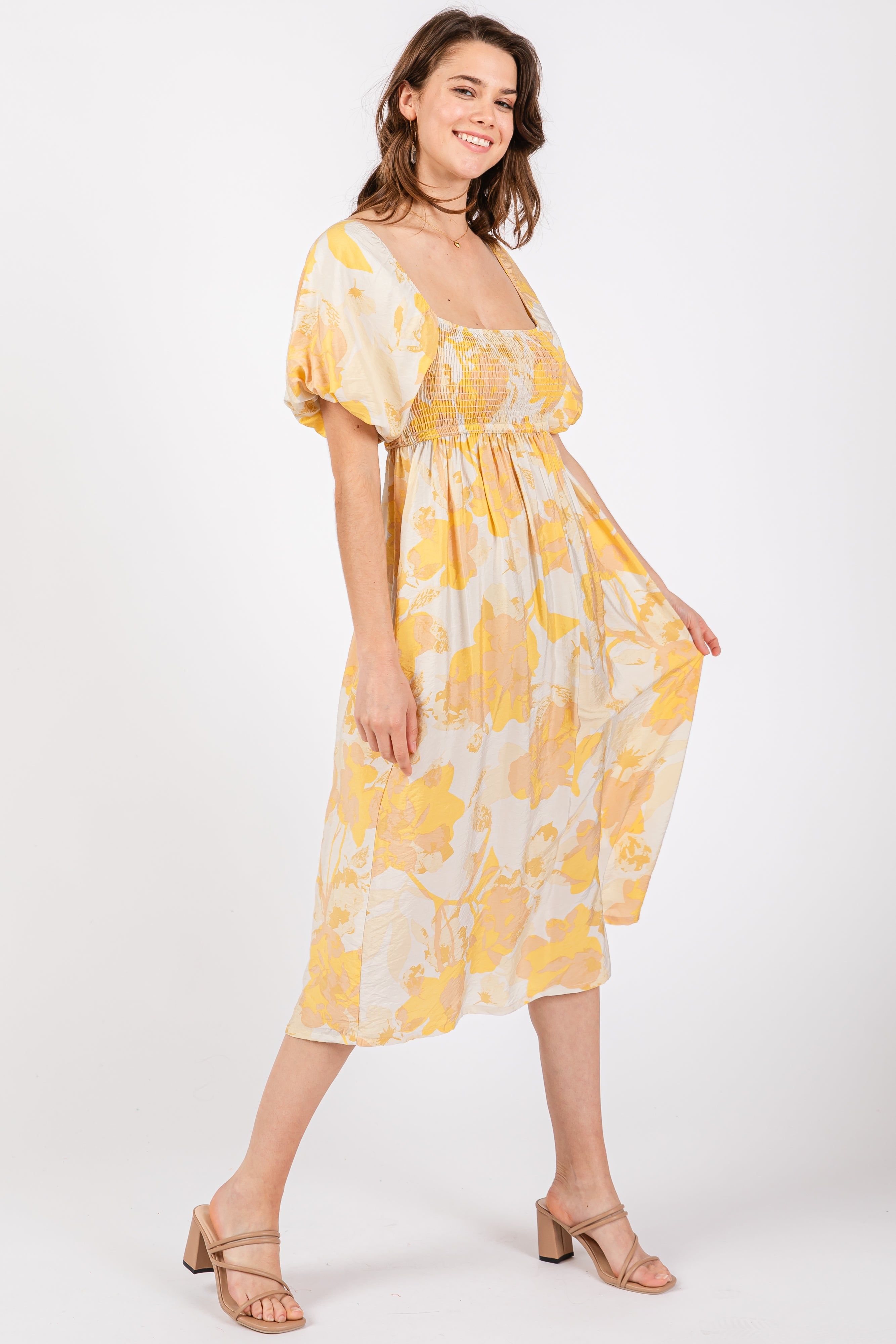 Yellow Floral Square Neck Smocked Short Puff Sleeve Maternity Midi Dress sold by Pinkblush product image thumbnail 3