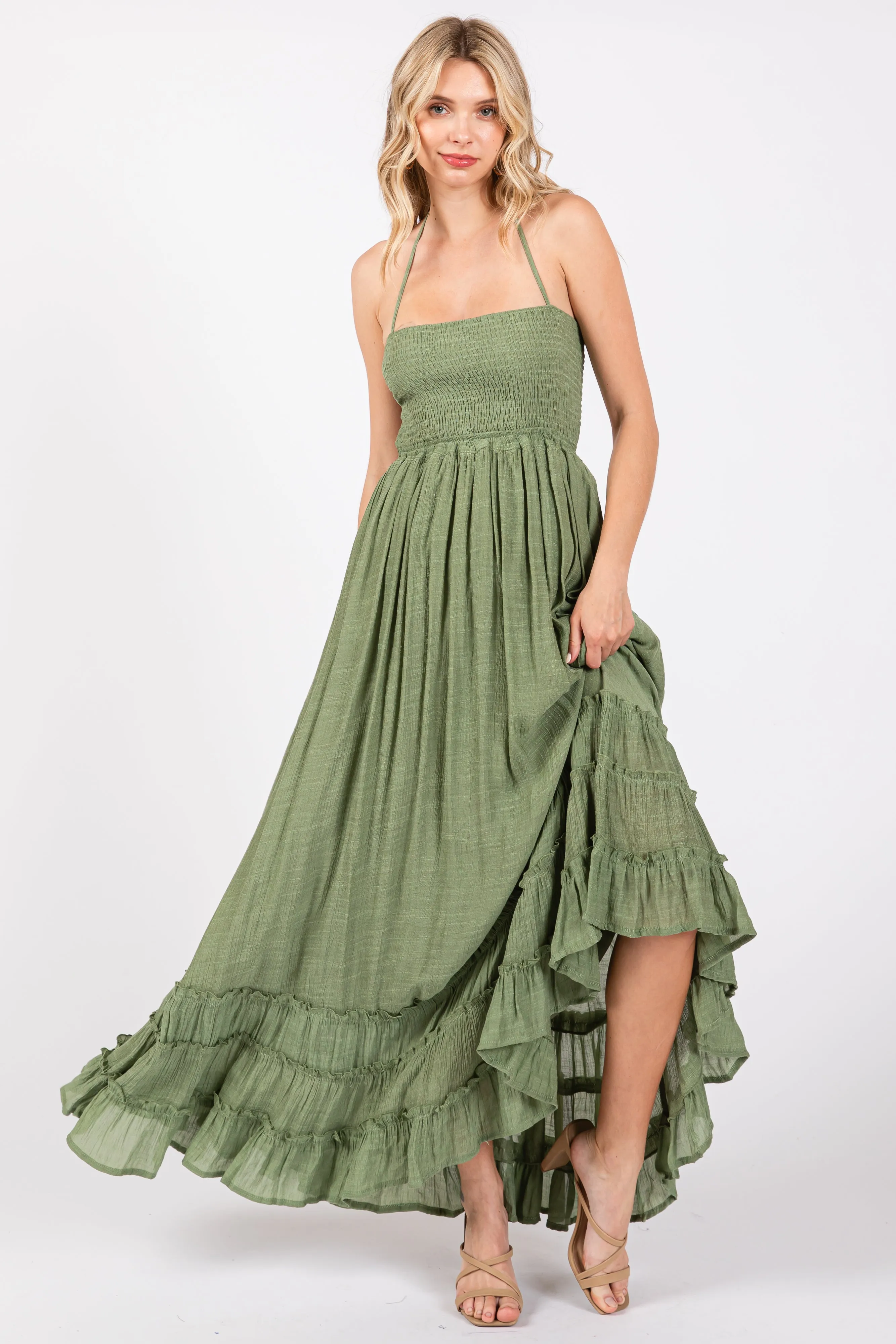 Olive Smocked Halter Cutout Maxi Dress sold by Pinkblush product image thumbnail 5